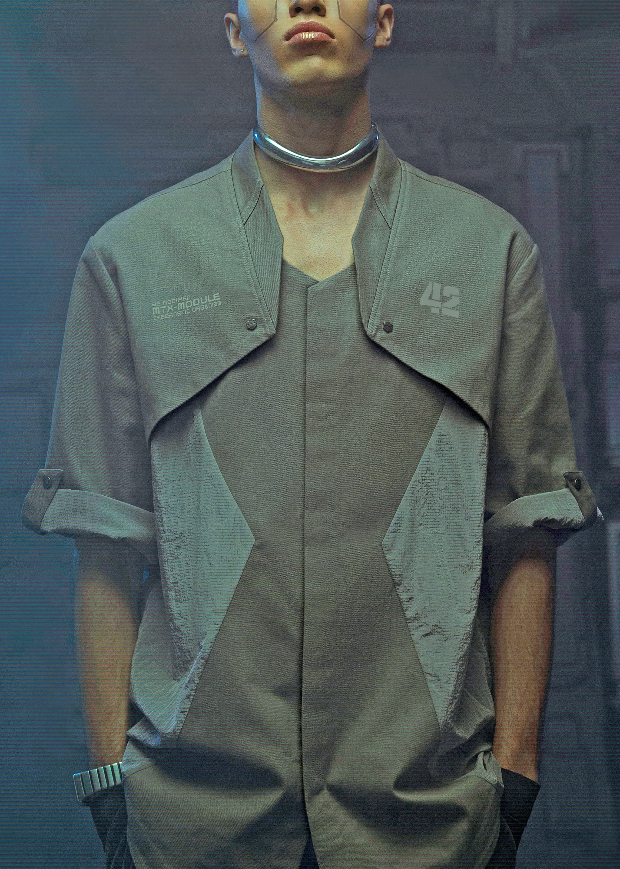 XIPHEVIL Terminal Modern Layered Rivet Half Shirt Light Grey, premium urban and streetwear designers apparel on PROJECTISR.com, XIPHEVIL