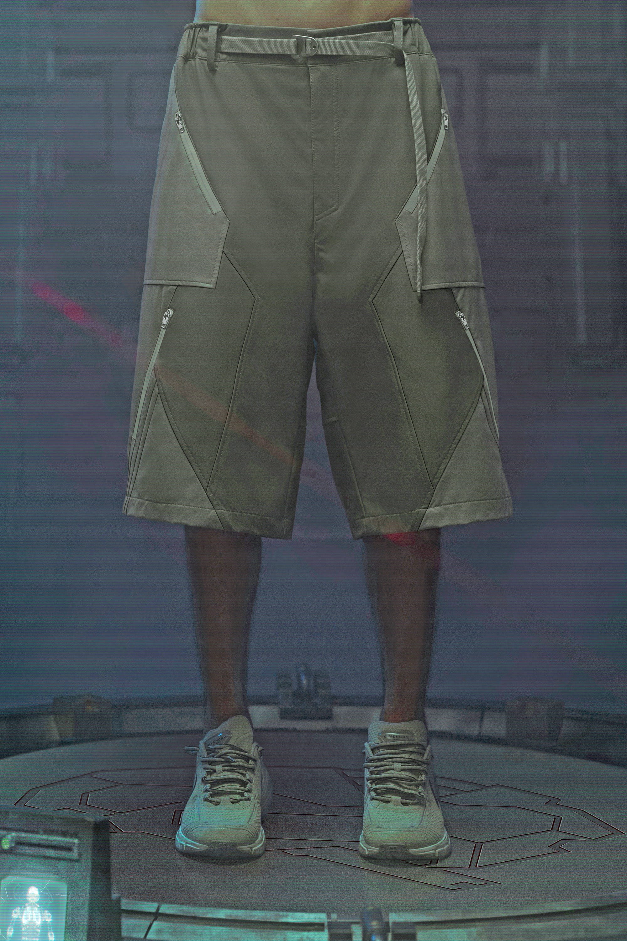 XIPHEVIL Demiurge Deconstructed Multi-Zipper Shorts Green, premium urban and streetwear designers apparel on PROJECTISR.com, XIPHEVIL
