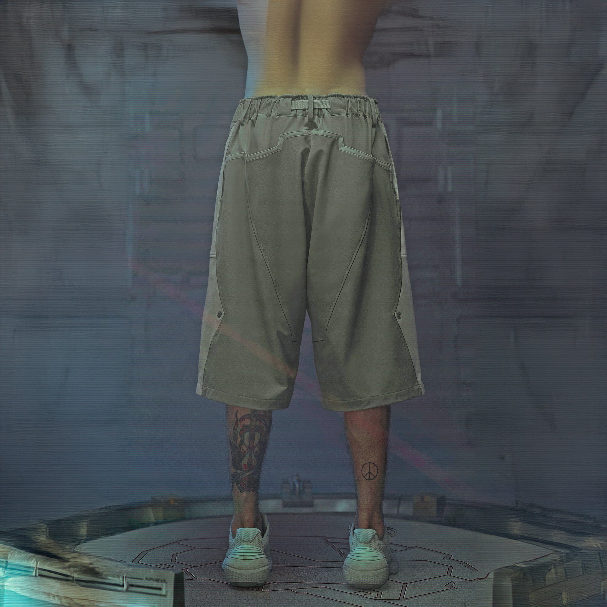 XIPHEVIL Demiurge Deconstructed Multi-Zipper Shorts Green, premium urban and streetwear designers apparel on PROJECTISR.com, XIPHEVIL