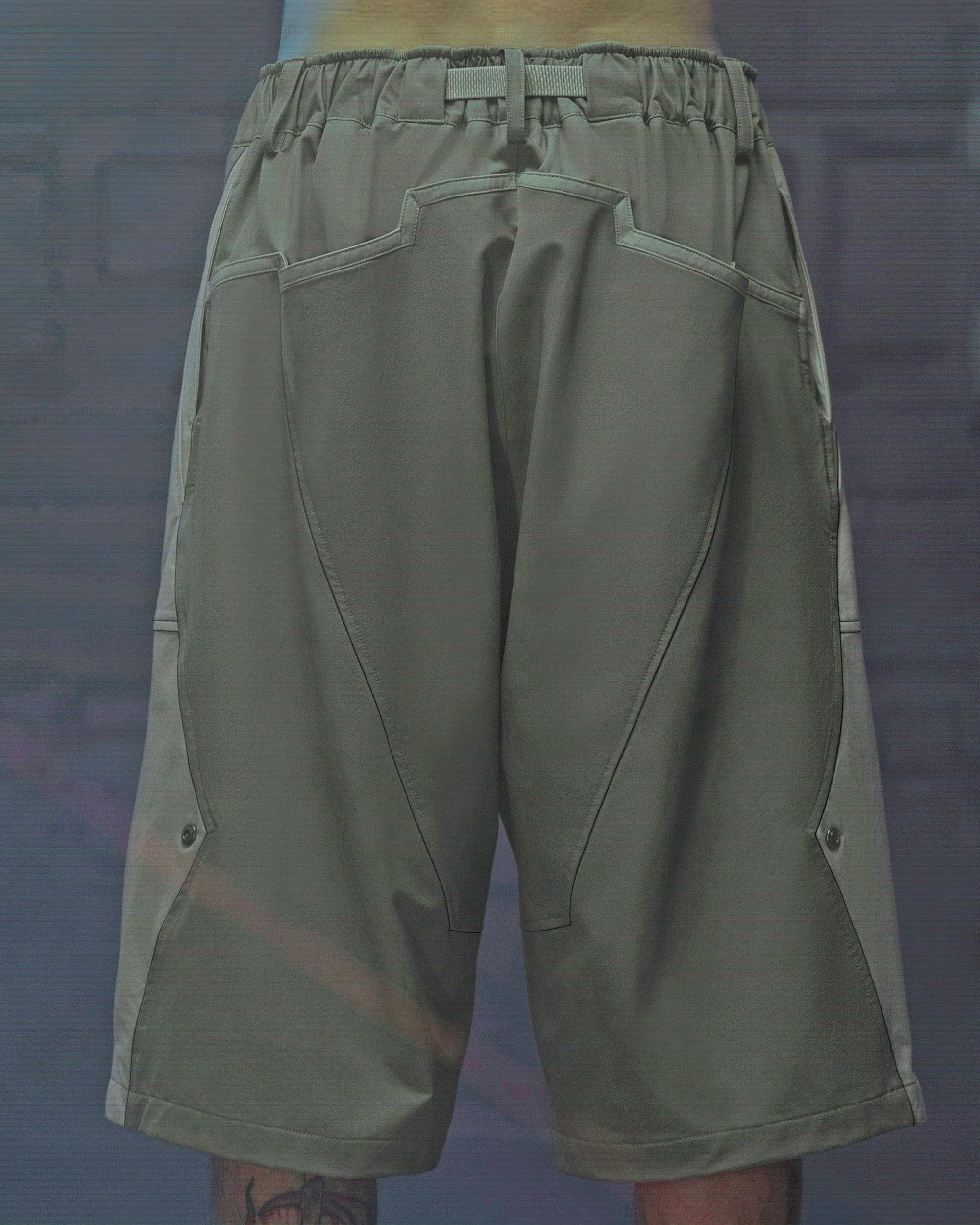 XIPHEVIL Demiurge Deconstructed Multi-Zipper Shorts Green, premium urban and streetwear designers apparel on PROJECTISR.com, XIPHEVIL