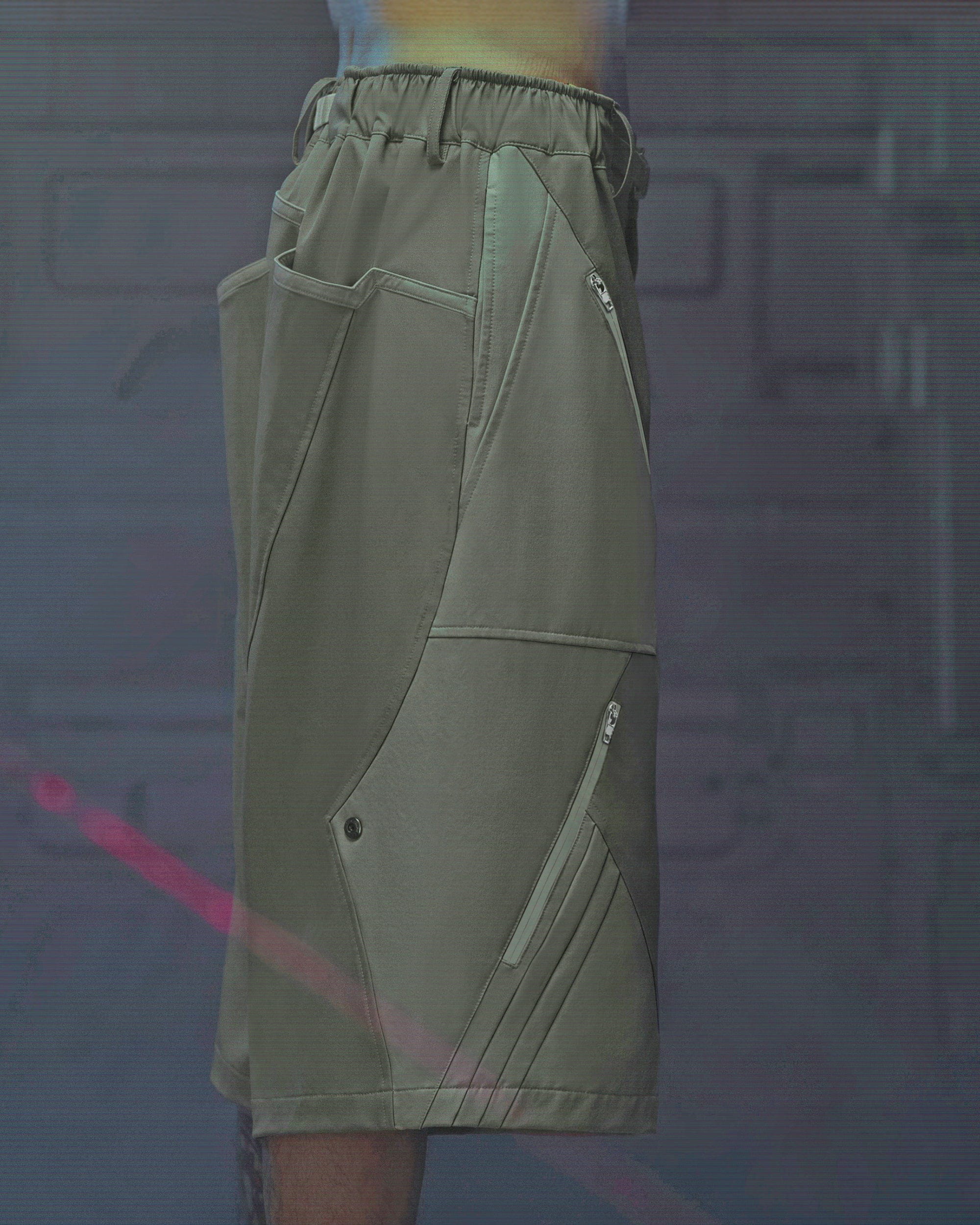 XIPHEVIL Demiurge Deconstructed Multi-Zipper Shorts Green, premium urban and streetwear designers apparel on PROJECTISR.com, XIPHEVIL