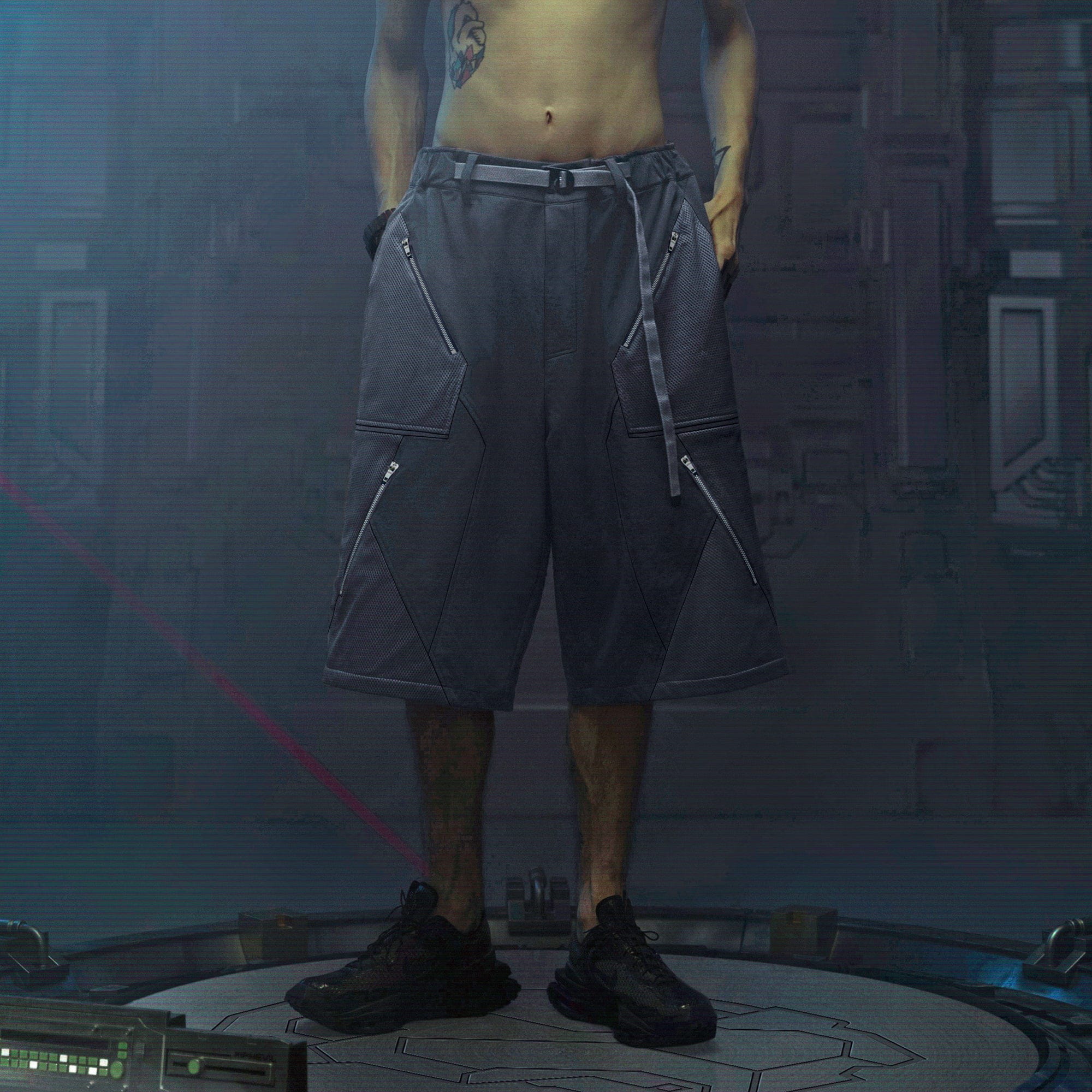 XIPHEVIL Bellator Deconstructed Multi-Zipper Shorts Dark Grey, premium urban and streetwear designers apparel on PROJECTISR.com, XIPHEVIL