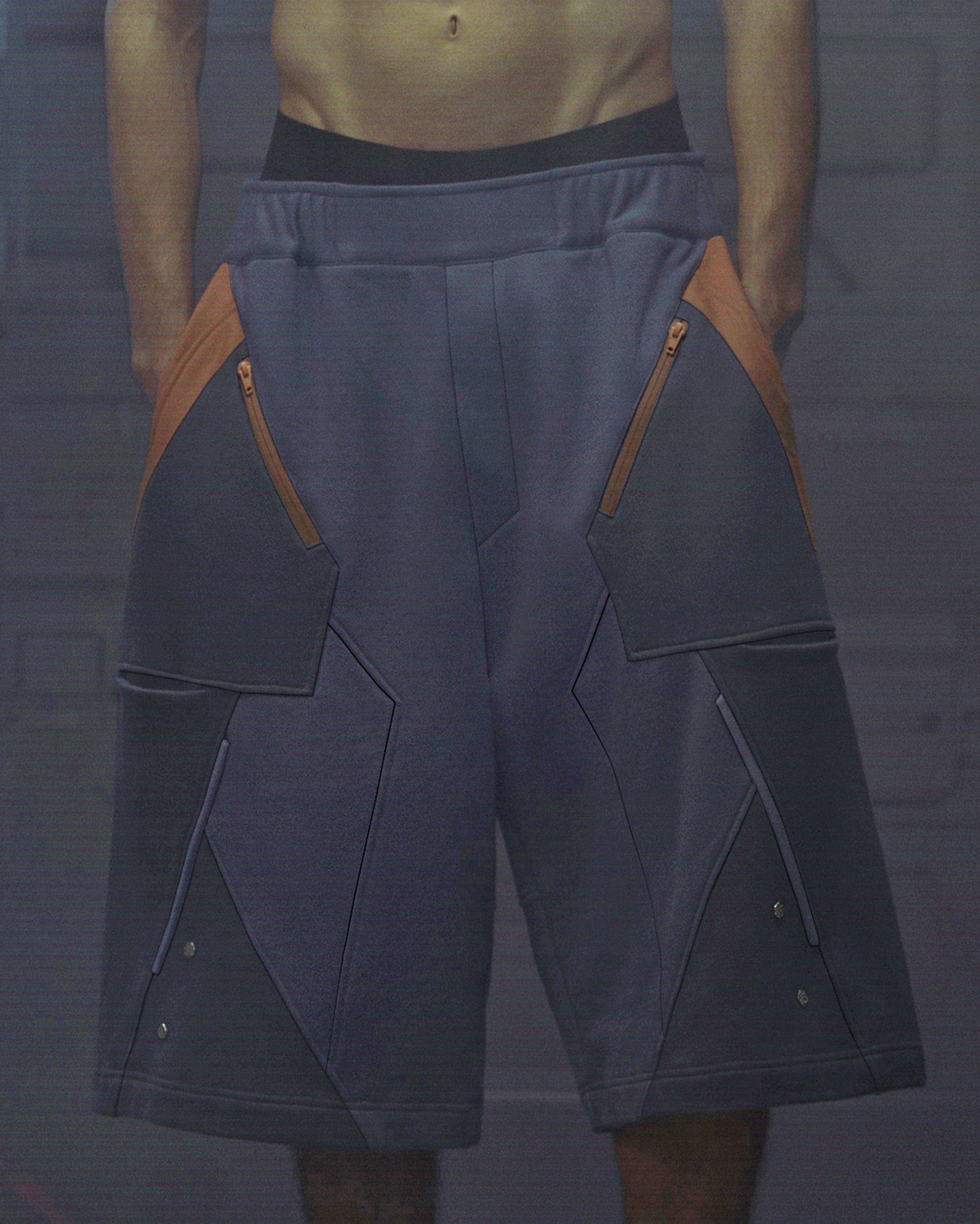 XIPHEVIL Deconstructed Zipper Rivet Shorts Orange, premium urban and streetwear designers apparel on PROJECTISR.com, XIPHEVIL