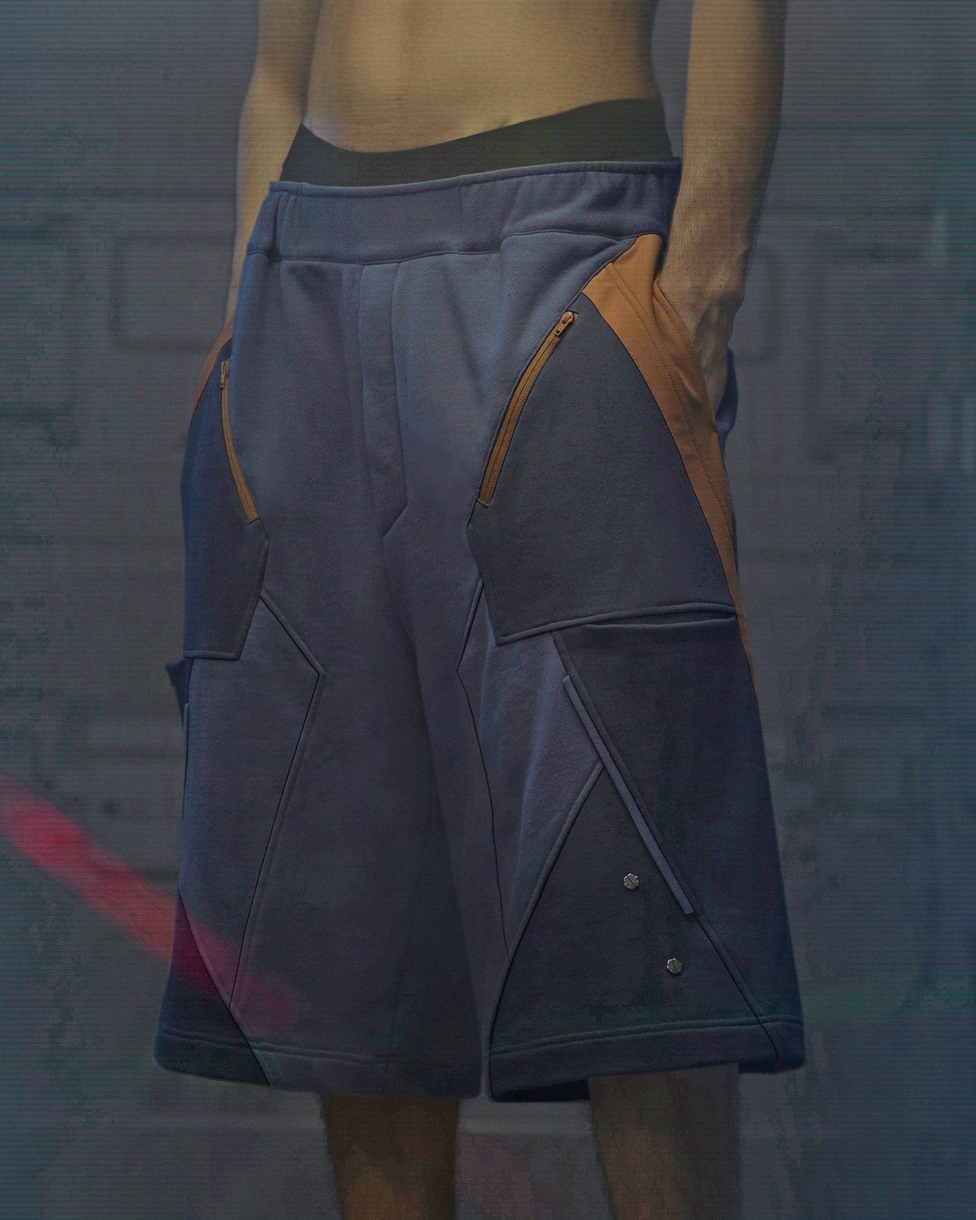 XIPHEVIL Deconstructed Zipper Rivet Shorts Orange, premium urban and streetwear designers apparel on PROJECTISR.com, XIPHEVIL