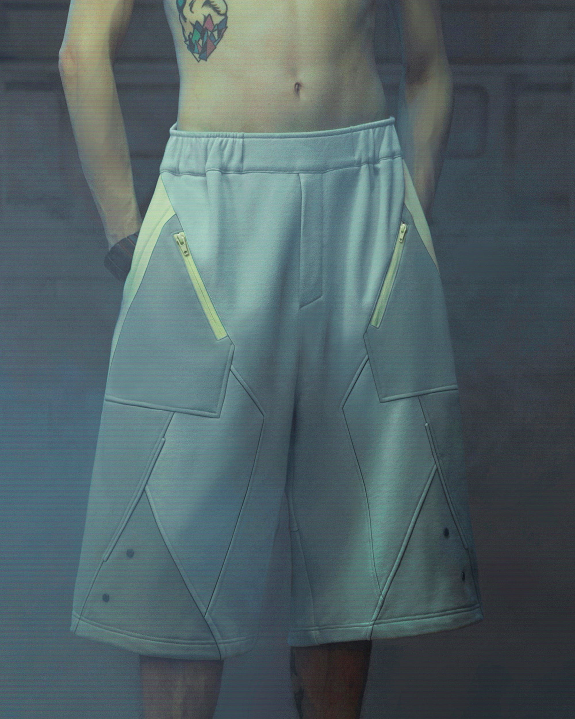 XIPHEVIL Deconstructed Zipper Rivet Shorts Light Grey, premium urban and streetwear designers apparel on PROJECTISR.com, XIPHEVIL