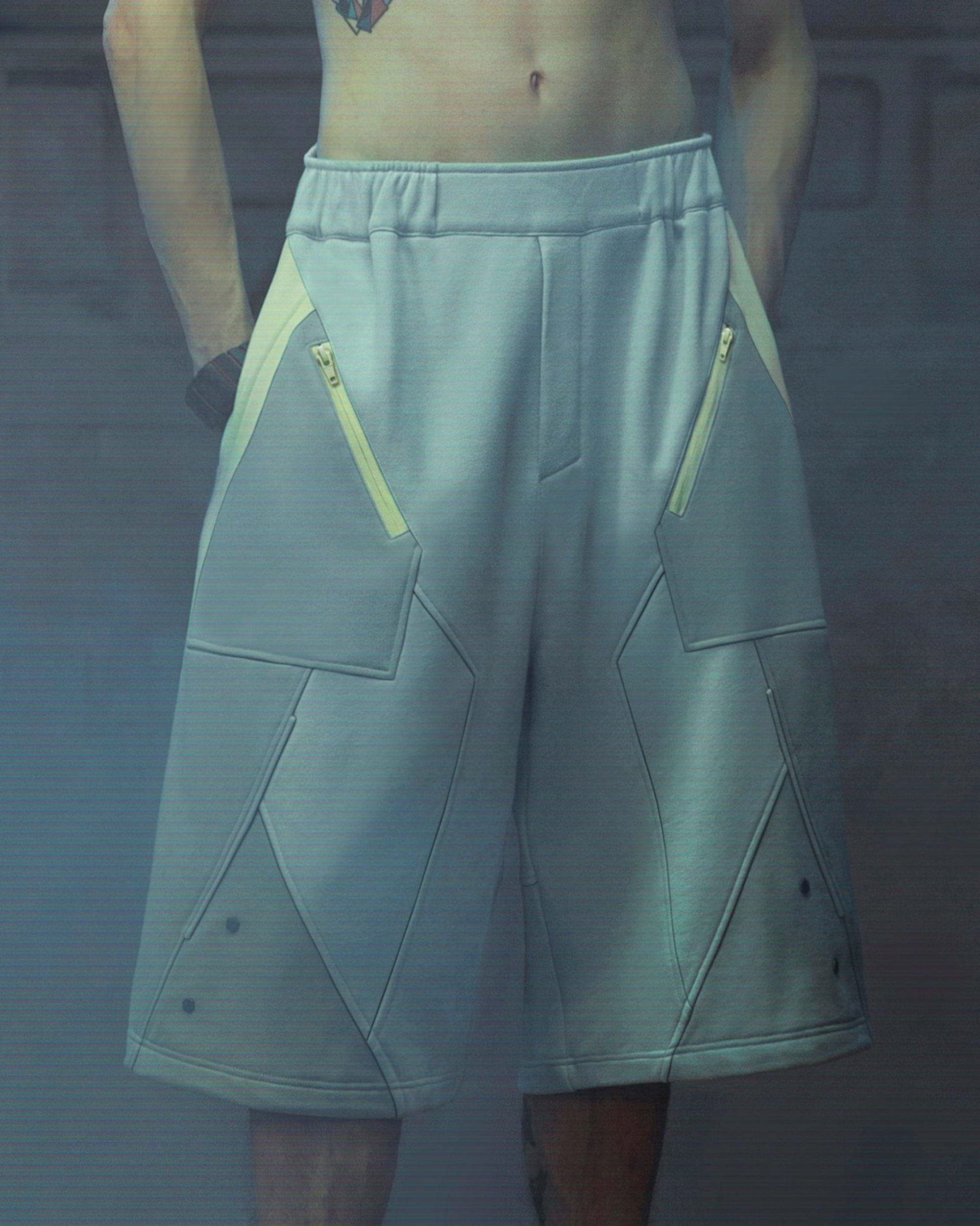 XIPHEVIL Deconstructed Zipper Rivet Shorts Light Grey, premium urban and streetwear designers apparel on PROJECTISR.com, XIPHEVIL