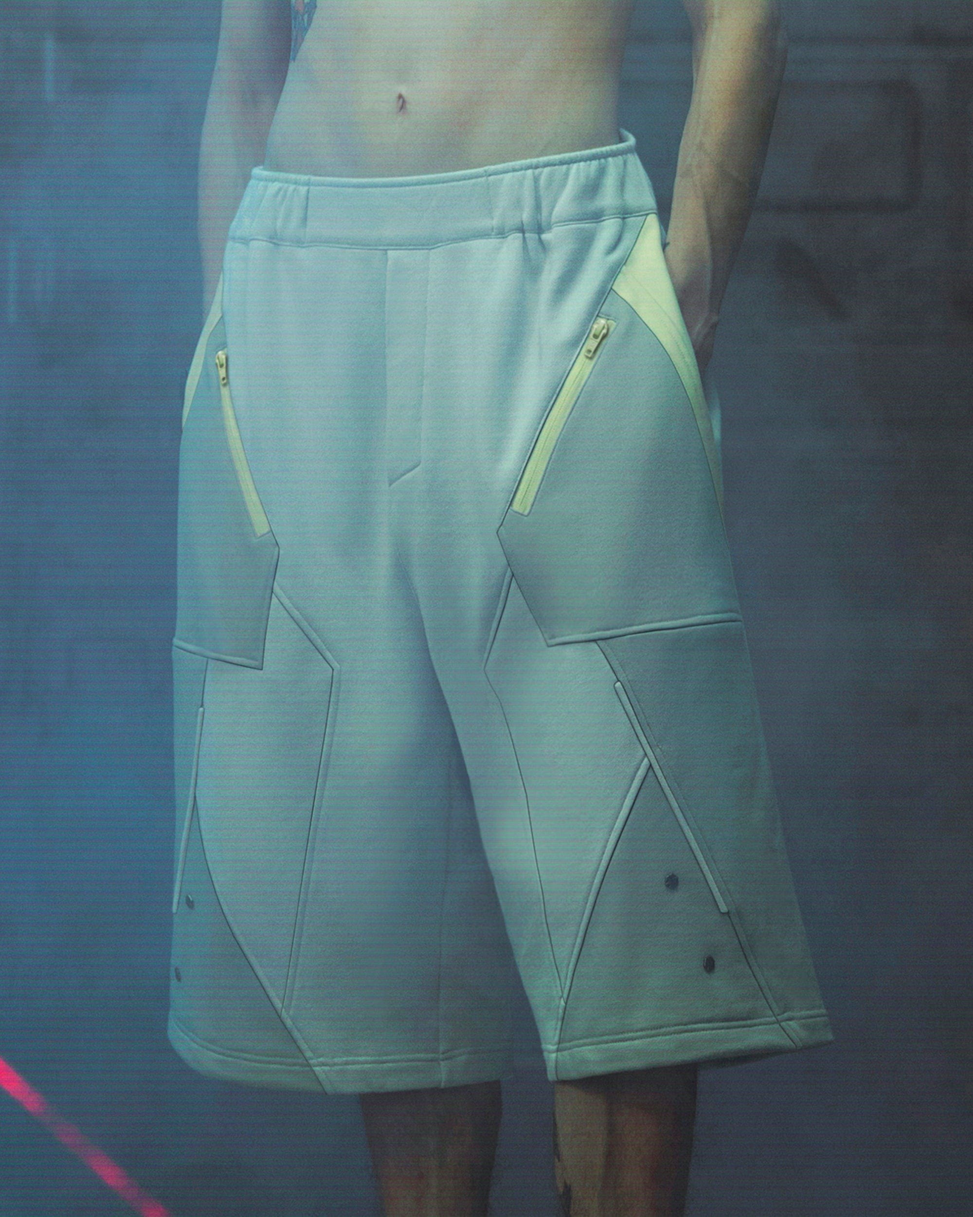 XIPHEVIL Deconstructed Zipper Rivet Shorts Light Grey, premium urban and streetwear designers apparel on PROJECTISR.com, XIPHEVIL