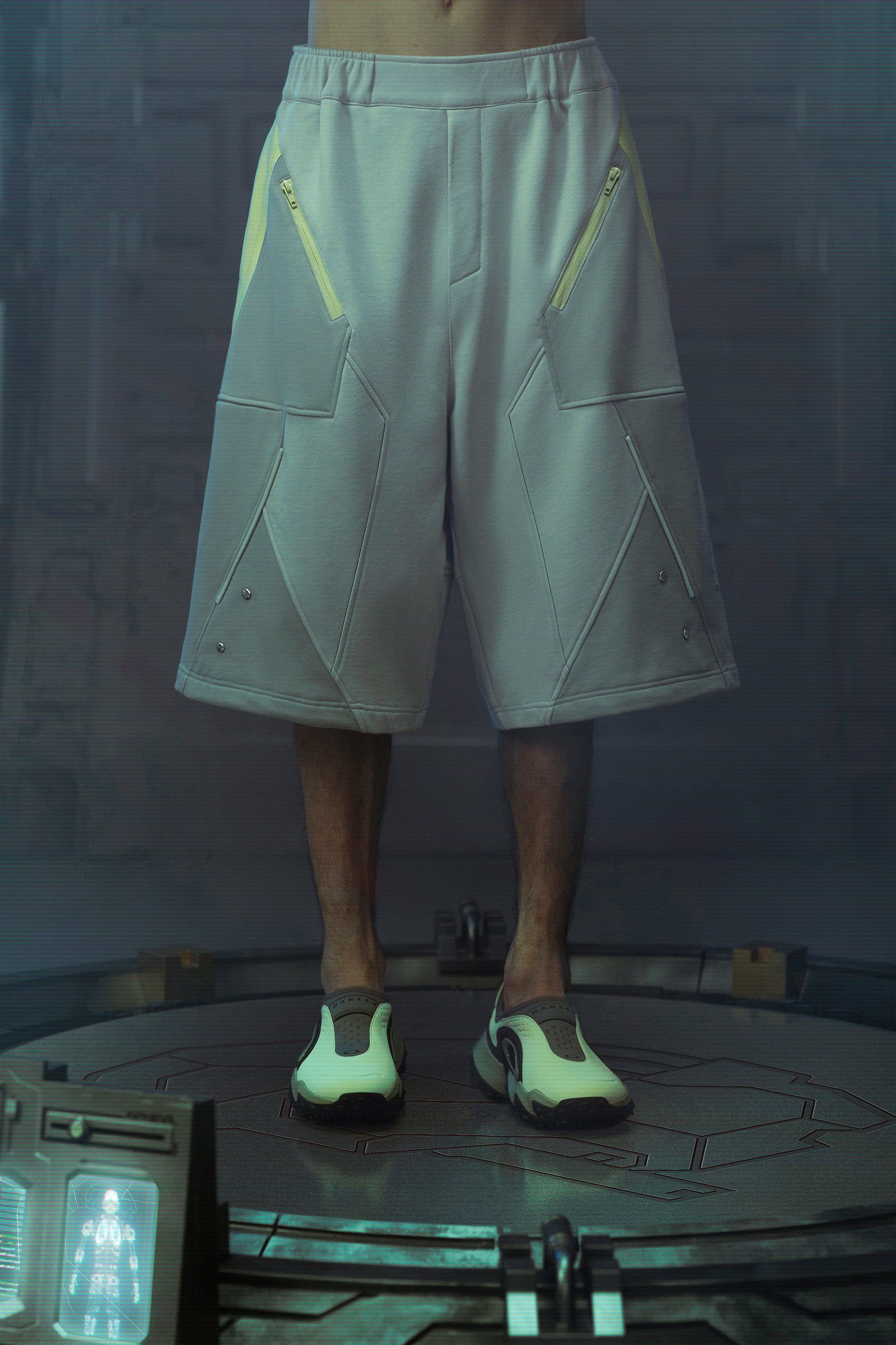 XIPHEVIL Deconstructed Zipper Rivet Shorts Light Grey, premium urban and streetwear designers apparel on PROJECTISR.com, XIPHEVIL