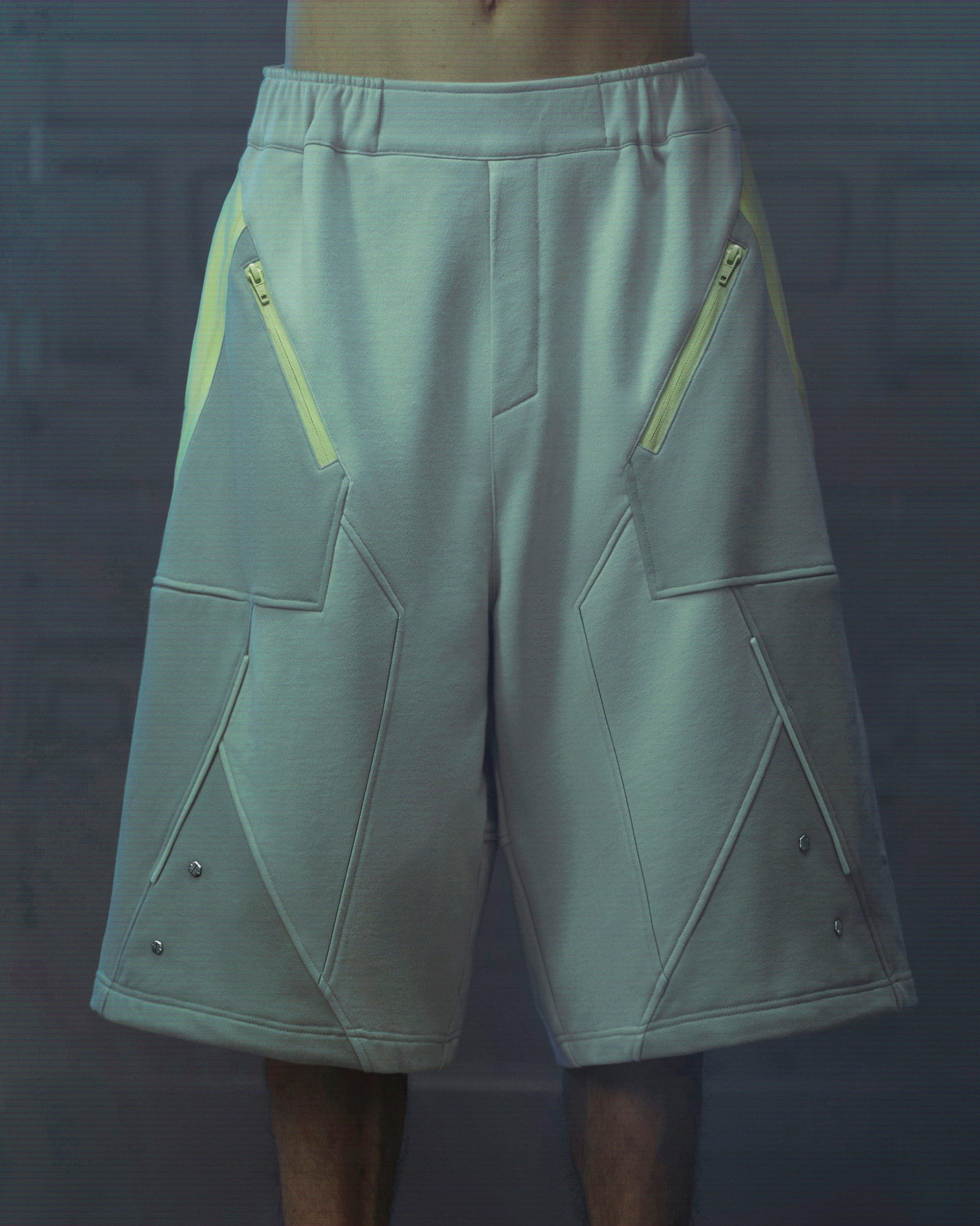 XIPHEVIL Deconstructed Zipper Rivet Shorts Light Grey, premium urban and streetwear designers apparel on PROJECTISR.com, XIPHEVIL