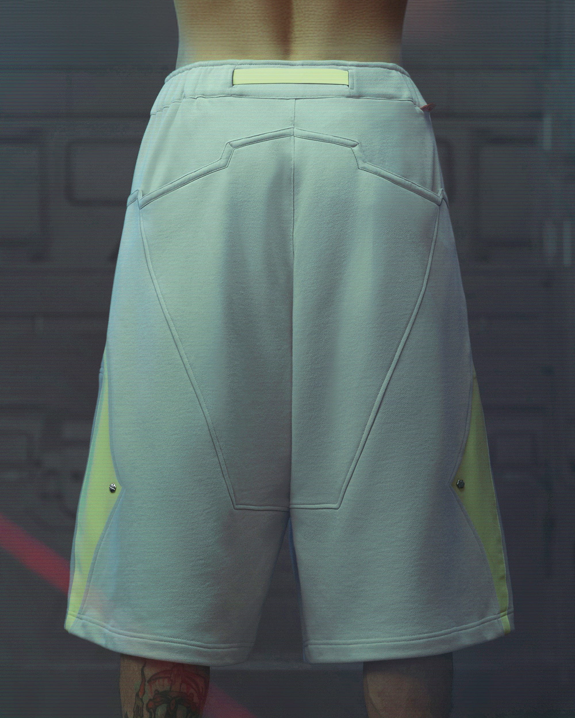 XIPHEVIL Deconstructed Zipper Rivet Shorts Light Grey, premium urban and streetwear designers apparel on PROJECTISR.com, XIPHEVIL