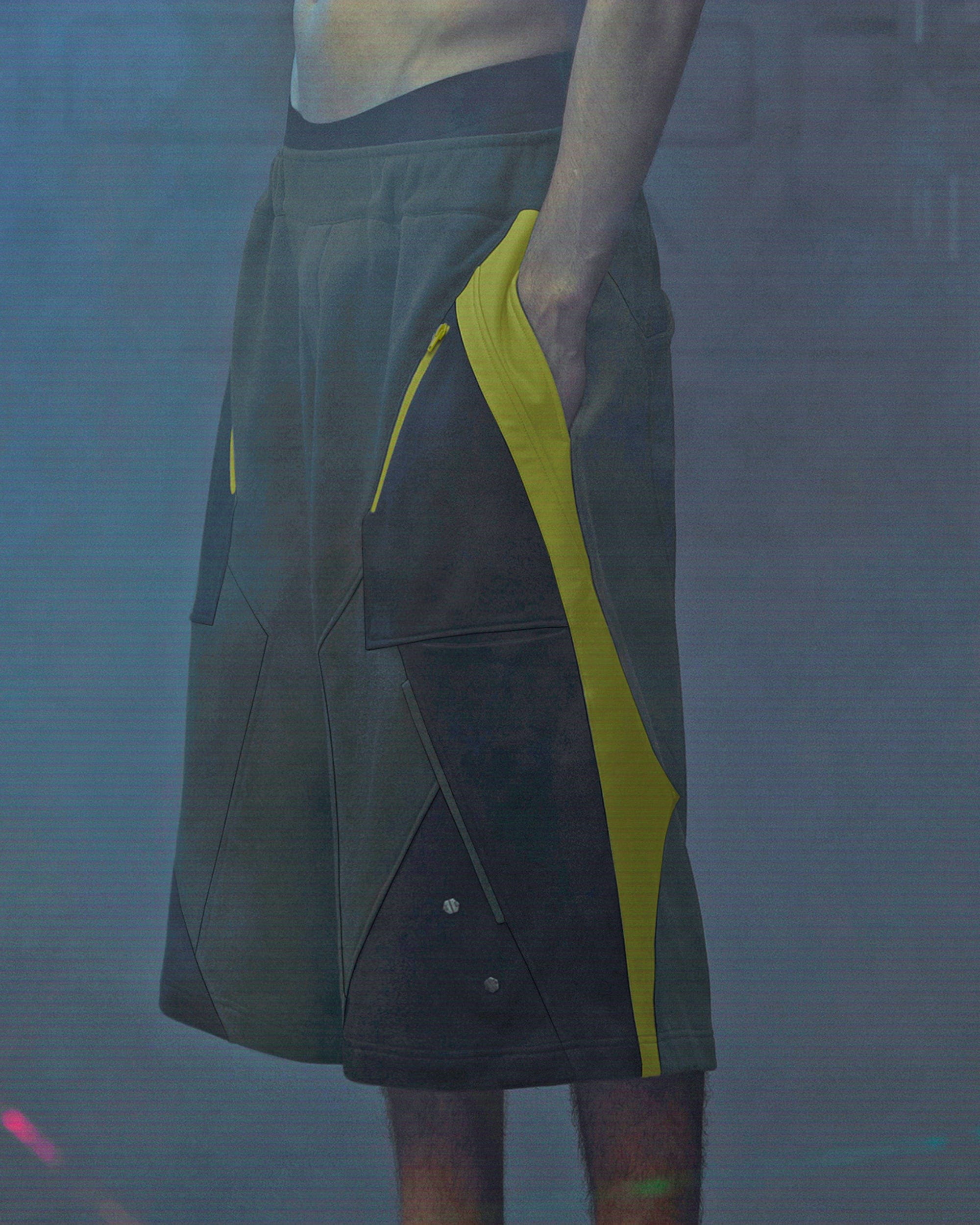 XIPHEVIL Deconstructed Zipper Rivet Shorts Yellow, premium urban and streetwear designers apparel on PROJECTISR.com, XIPHEVIL