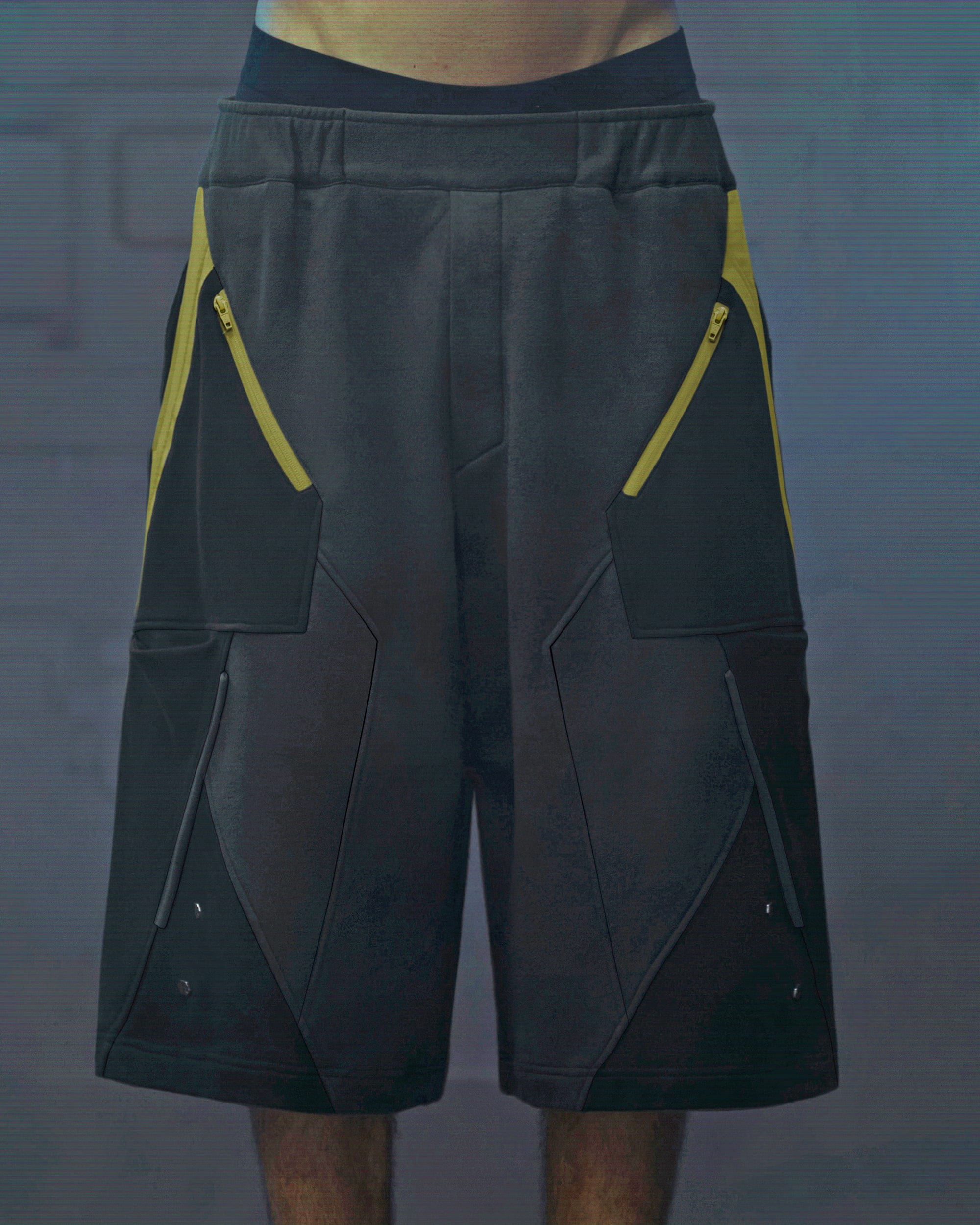 XIPHEVIL Deconstructed Zipper Rivet Shorts Yellow, premium urban and streetwear designers apparel on PROJECTISR.com, XIPHEVIL