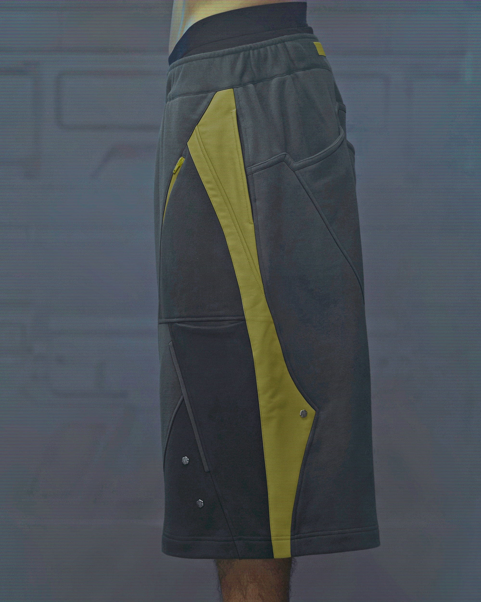 XIPHEVIL Deconstructed Zipper Rivet Shorts Yellow, premium urban and streetwear designers apparel on PROJECTISR.com, XIPHEVIL