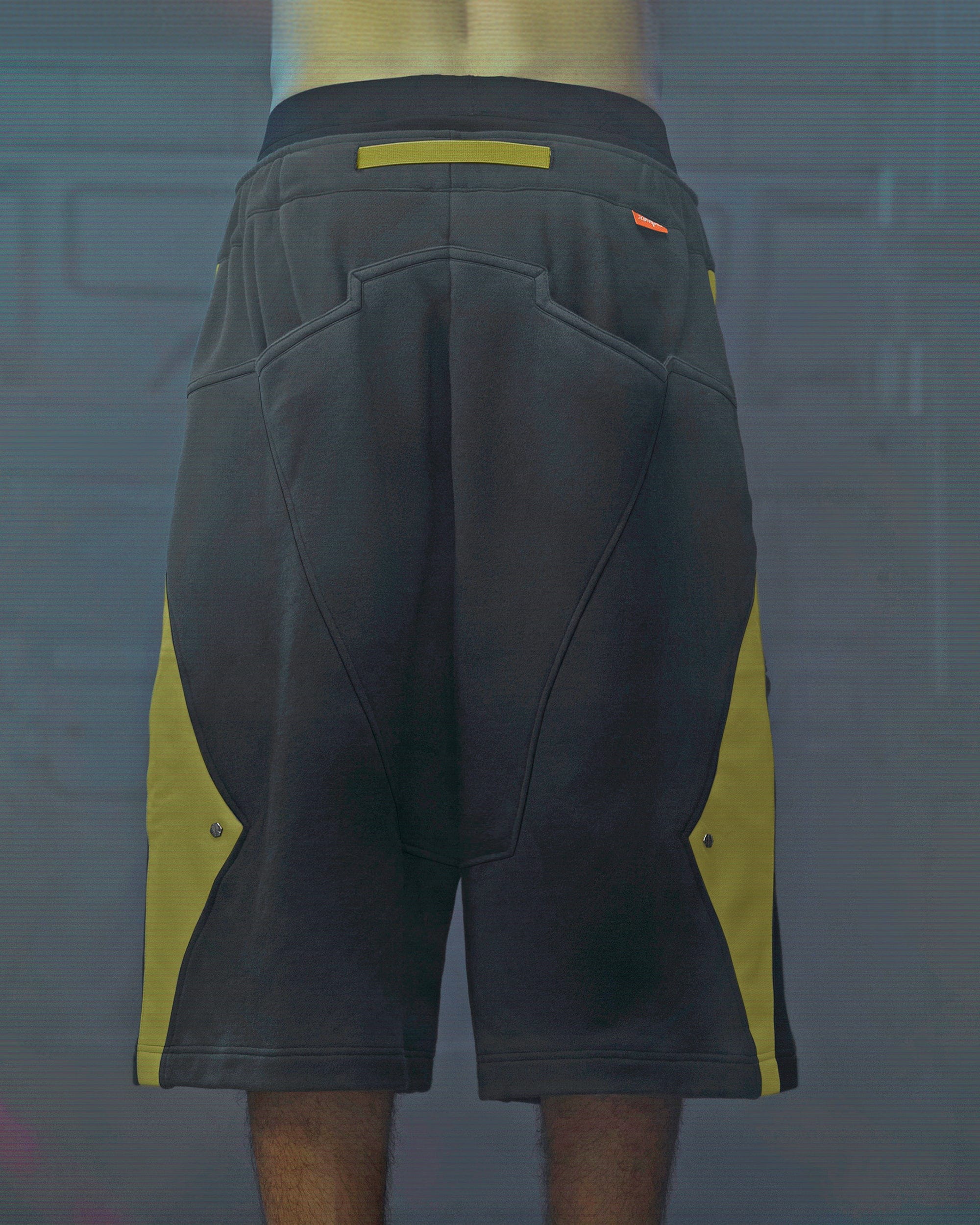 XIPHEVIL Deconstructed Zipper Rivet Shorts Yellow, premium urban and streetwear designers apparel on PROJECTISR.com, XIPHEVIL
