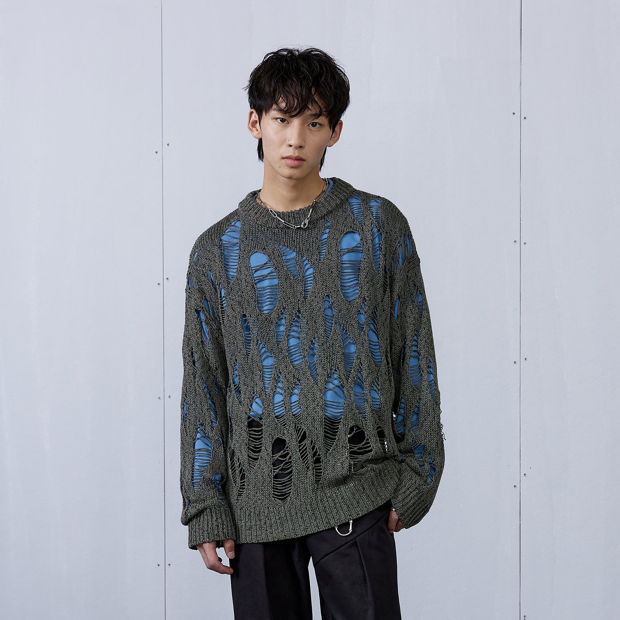 ROARINGWILD A ARCH Distressed Hollowed-Knit Sweater