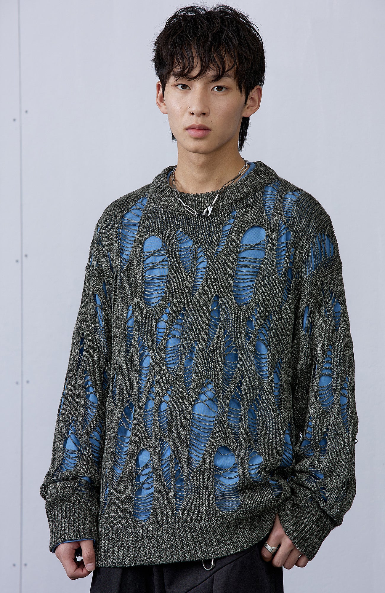 ROARINGWILD A ARCH Distressed Hollowed-Knit Sweater