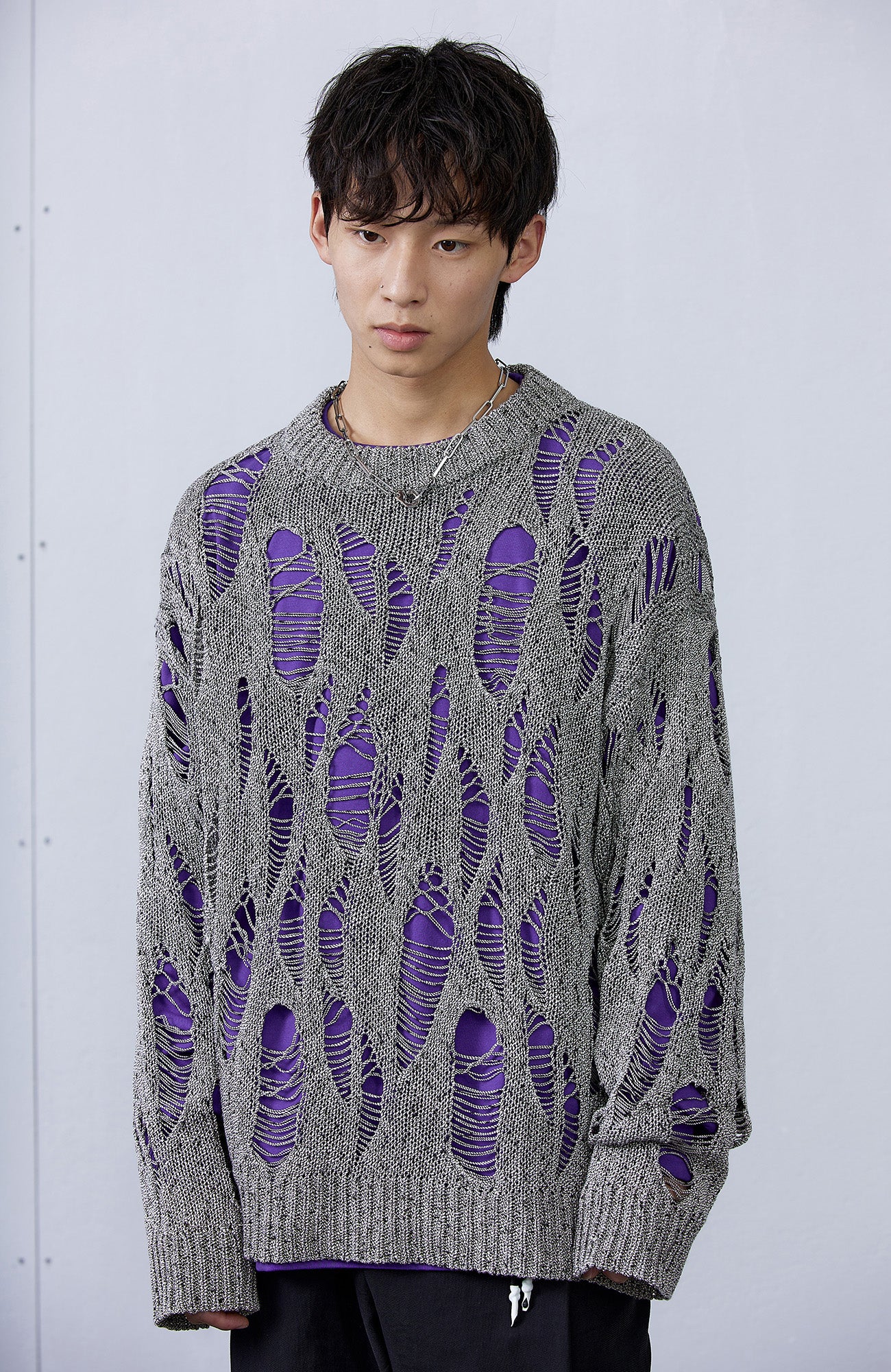 ROARINGWILD A ARCH Distressed Hollowed-Knit Sweater