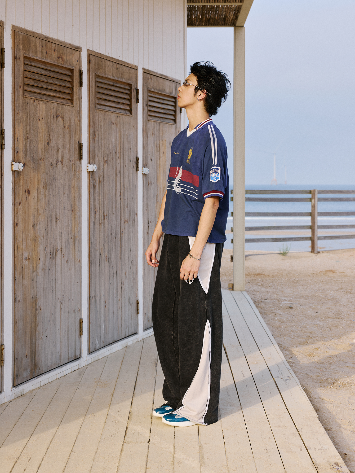 IN EXISTENCE Retro Contrast Embroidered Distressed Sweatpants