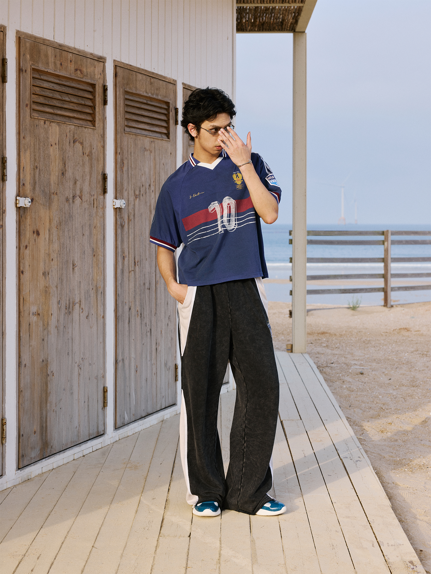 IN EXISTENCE Retro Contrast Embroidered Distressed Sweatpants