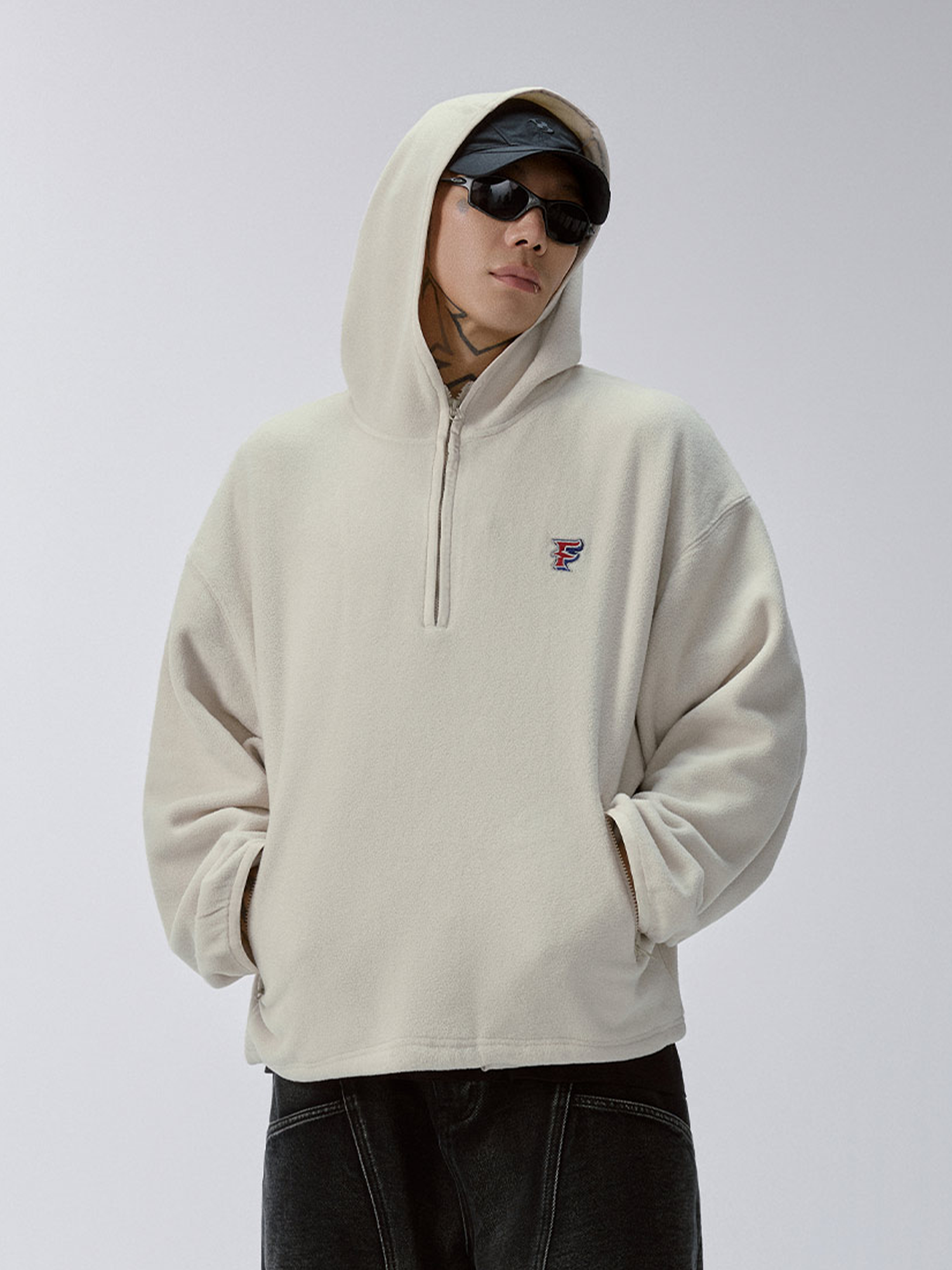F2CE Embroidered LOGO Patch Half-Zip Fleece Hoodie