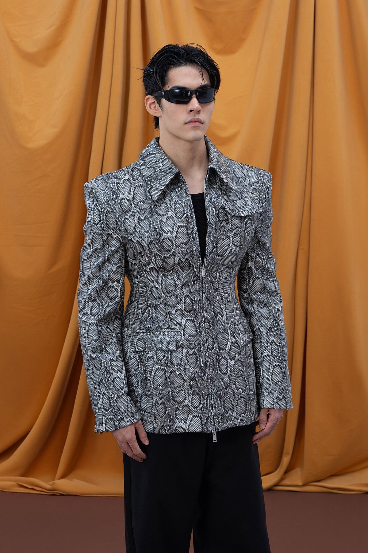 CLP Snake-Print Faux Leather Padded-Shoulder Blazer Jacket — half body