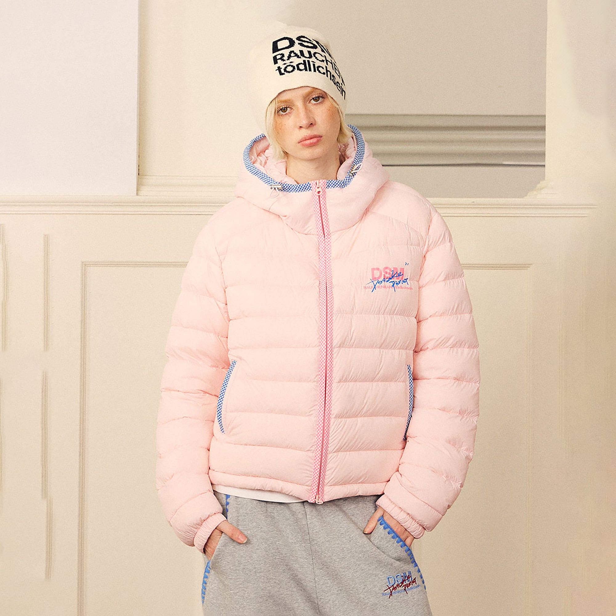 DONSMOKE Plaid Trim Hooded Down Puffer