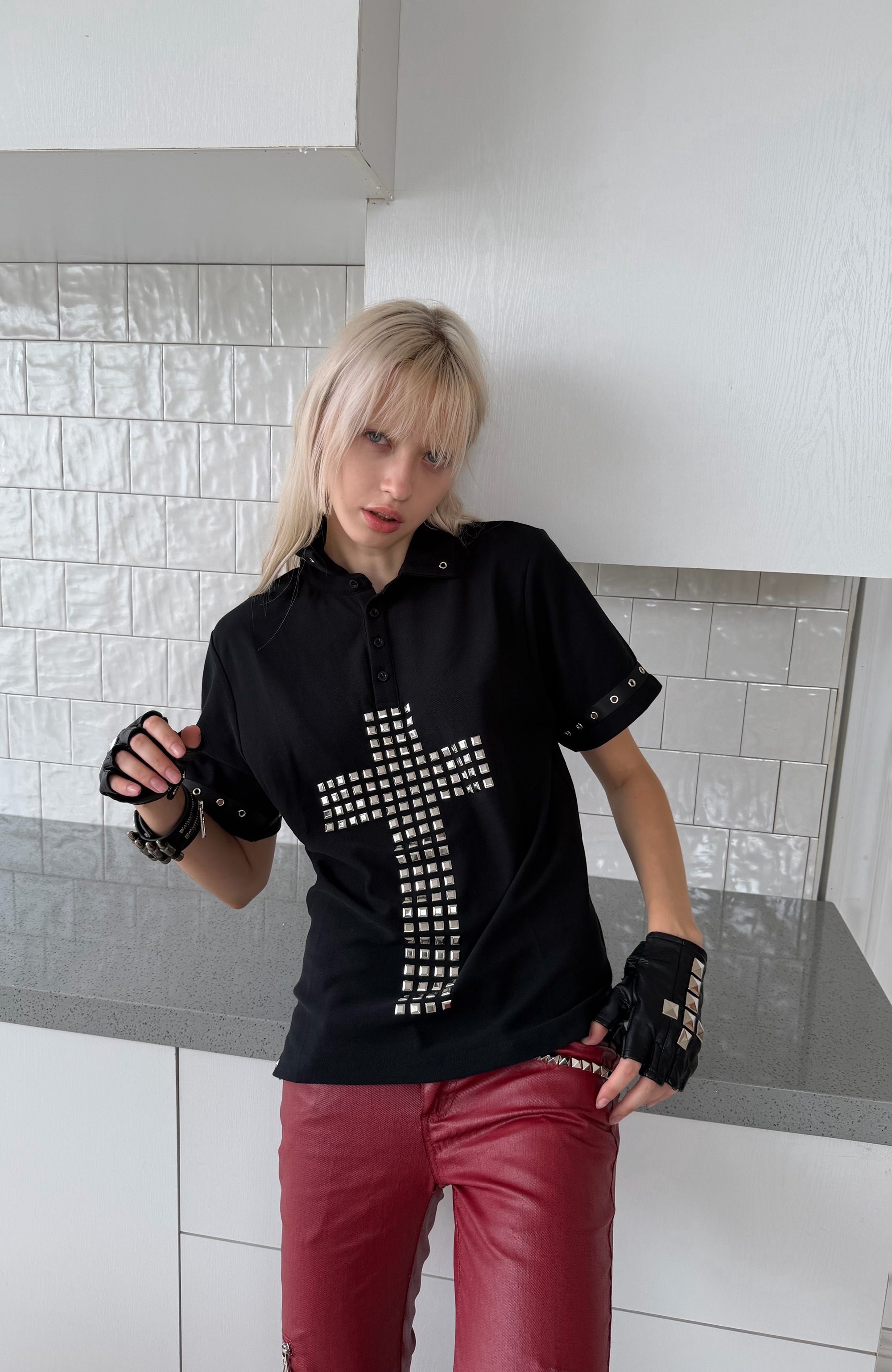 REBEL WAVE Studded Cross Polo Shirt