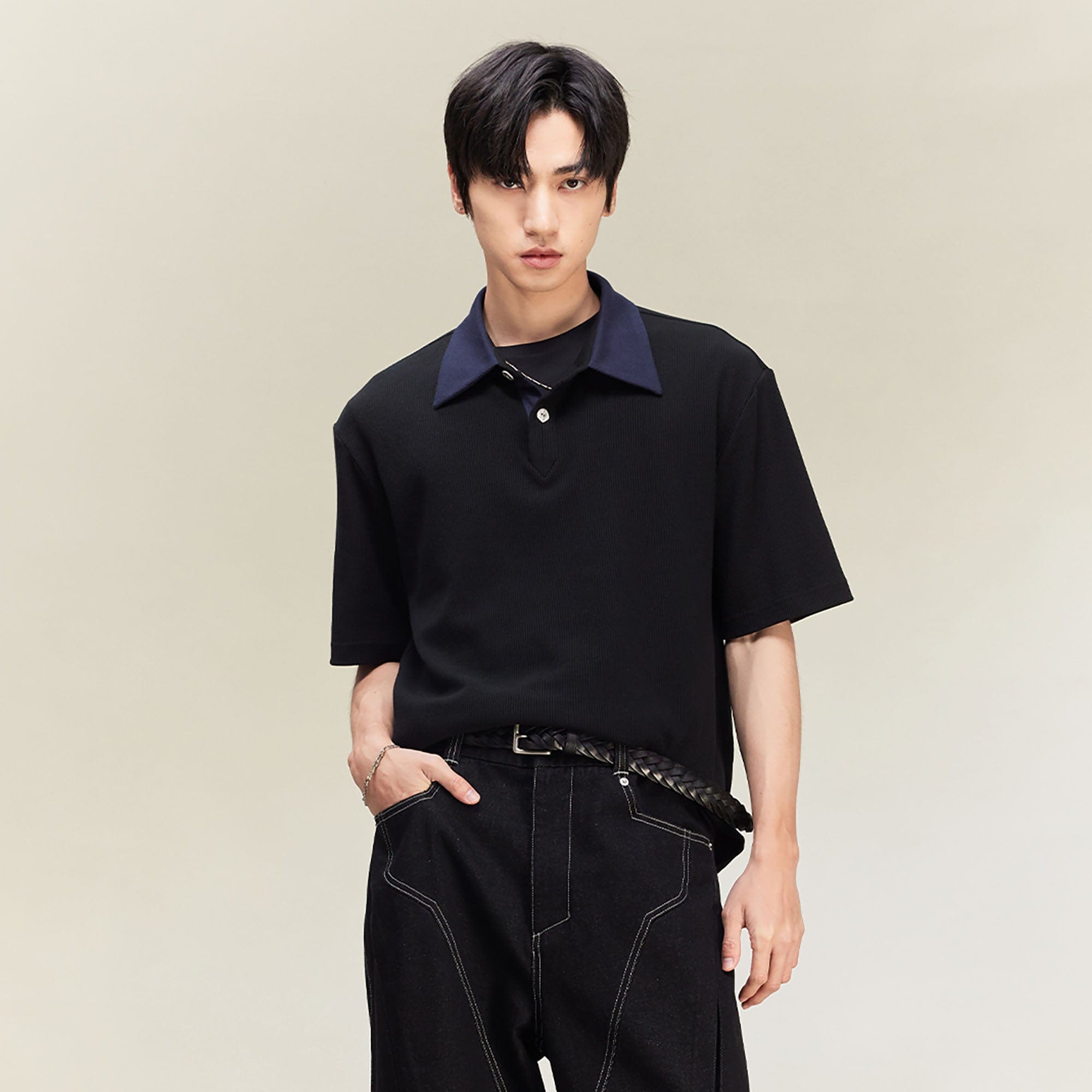 ALVNG AR ANTS Contrast Collar Waffle Knit Polo Shirt, premium urban and streetwear designers apparel on PROJECTISR.com, ALVNG AR ANTS