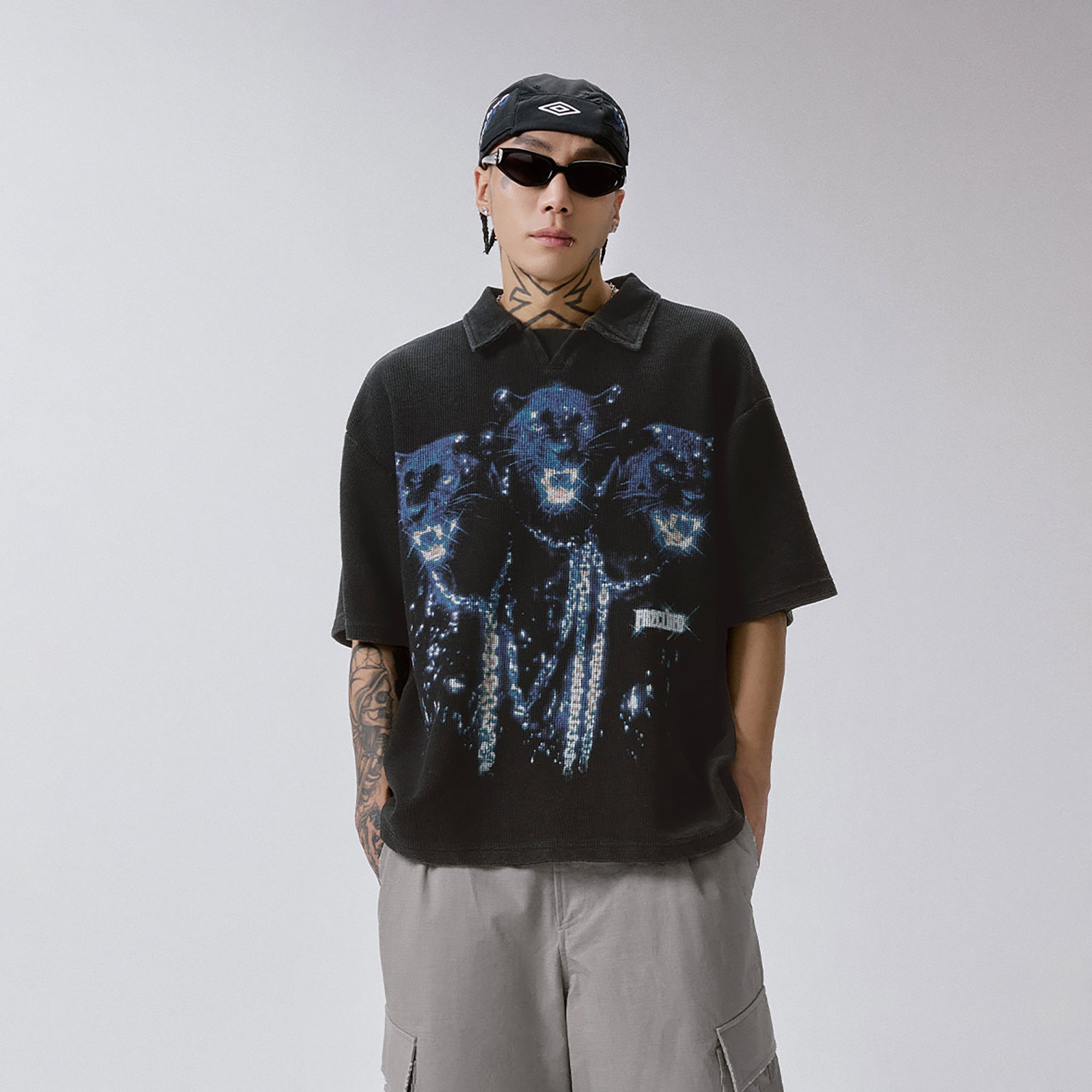 F2CE Distressed Waffle-Knit Graphic Polo, premium urban and streetwear designers apparel on PROJECTISR.com, F2CE