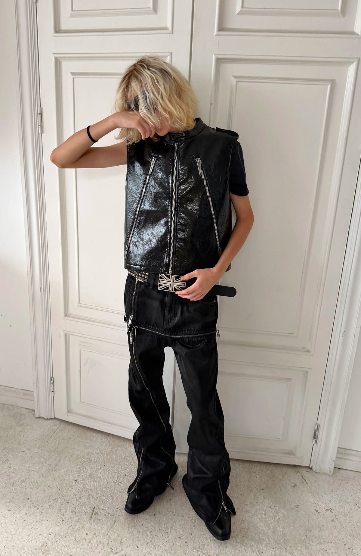 REBEL WAVE Cross Zip Wax-Coated Flared Jeans
