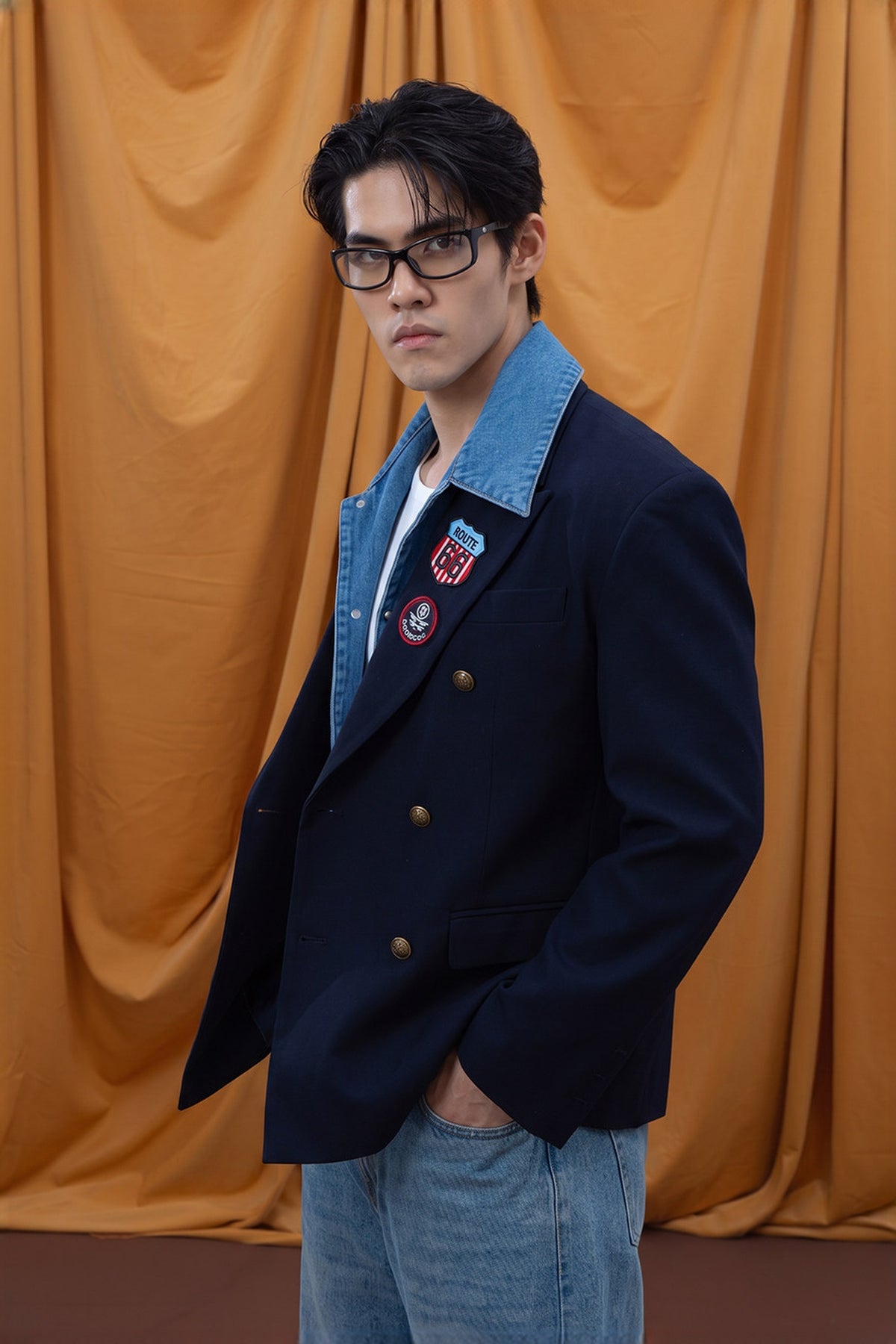 CLP Retro Denim-Collar Layered Blazer — half body