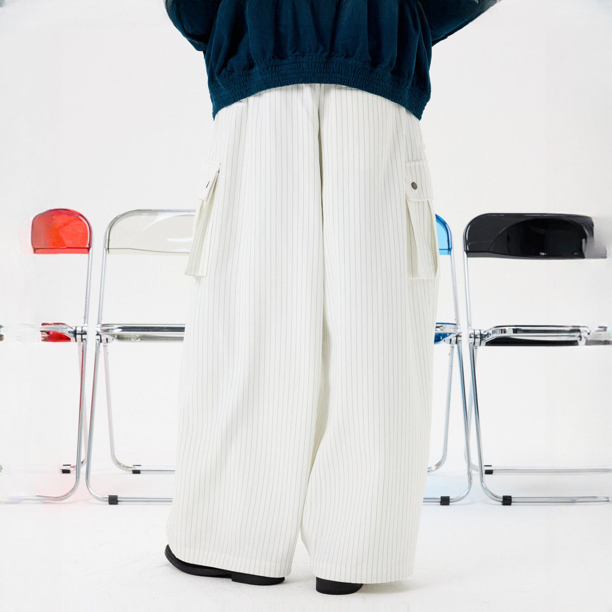 UNLIMITED MOTE Striped Drawstring Balloon Wide-Leg Cargo Pants — square · back · White