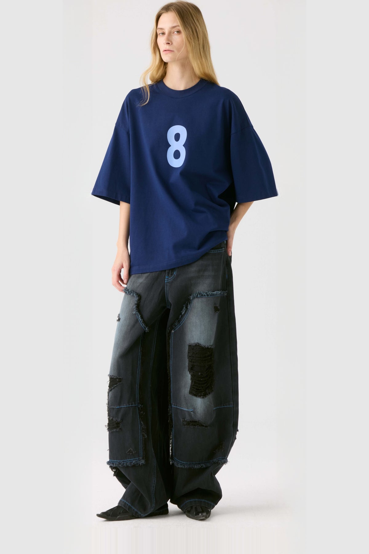 HAHAHA STUDIOS Distressed Washed Wide-Leg Jeans — full body