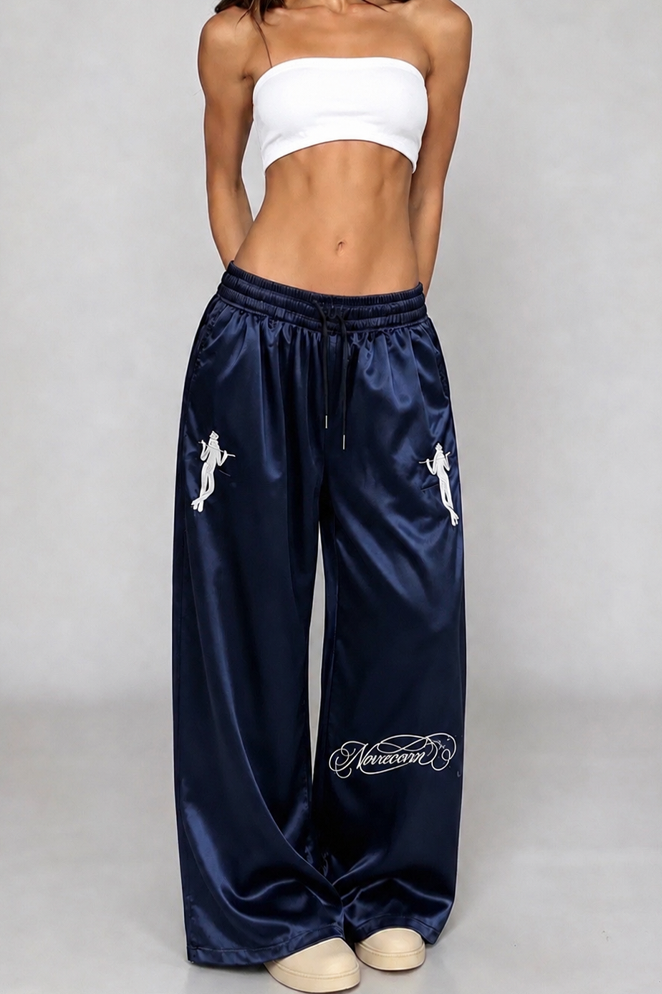 NOVACAM Satin Draped Embroidered Graphic Pants