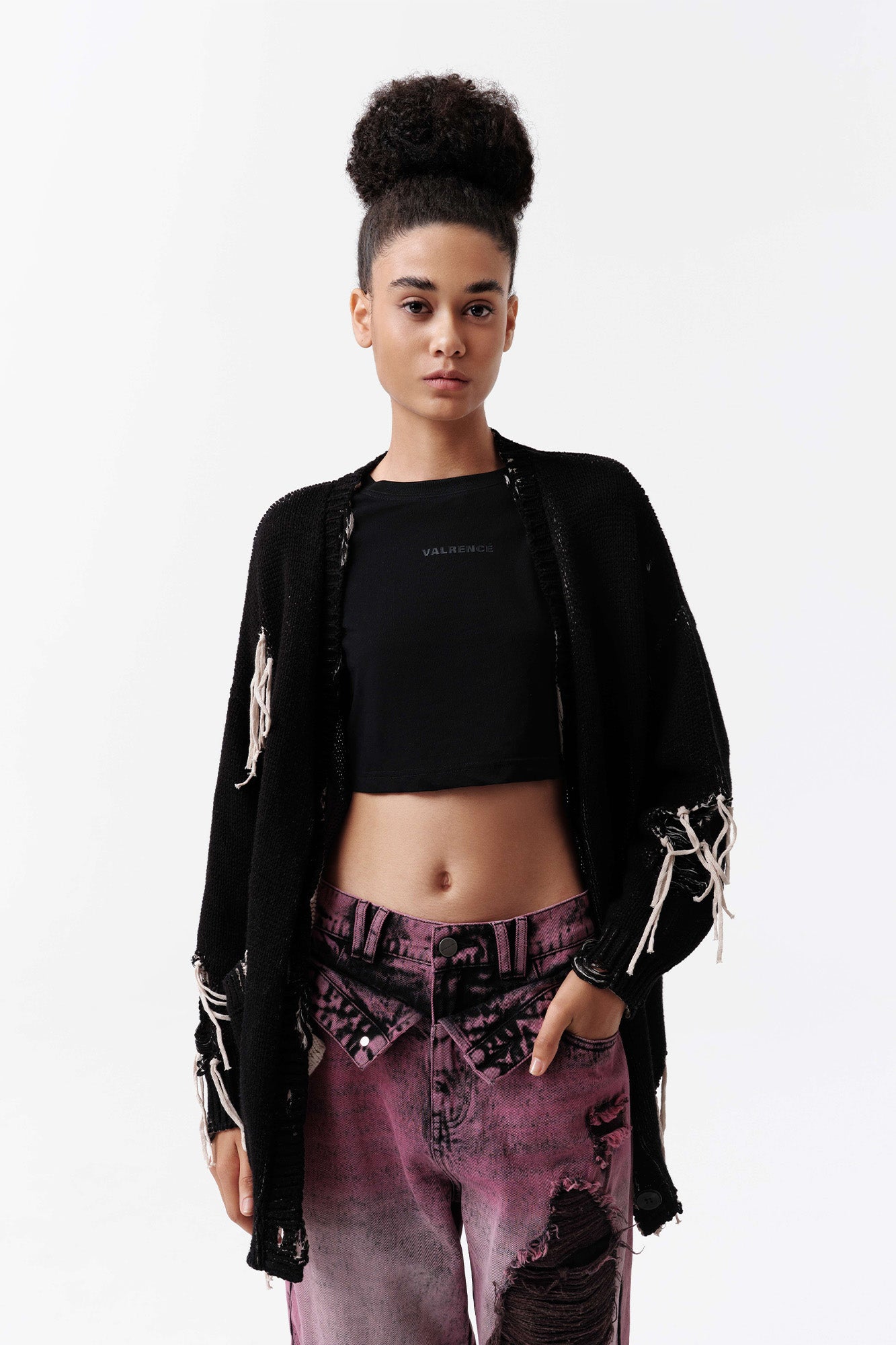 VANN VALRENCE Distressed Frayed Spray V-Neck Cardigan
