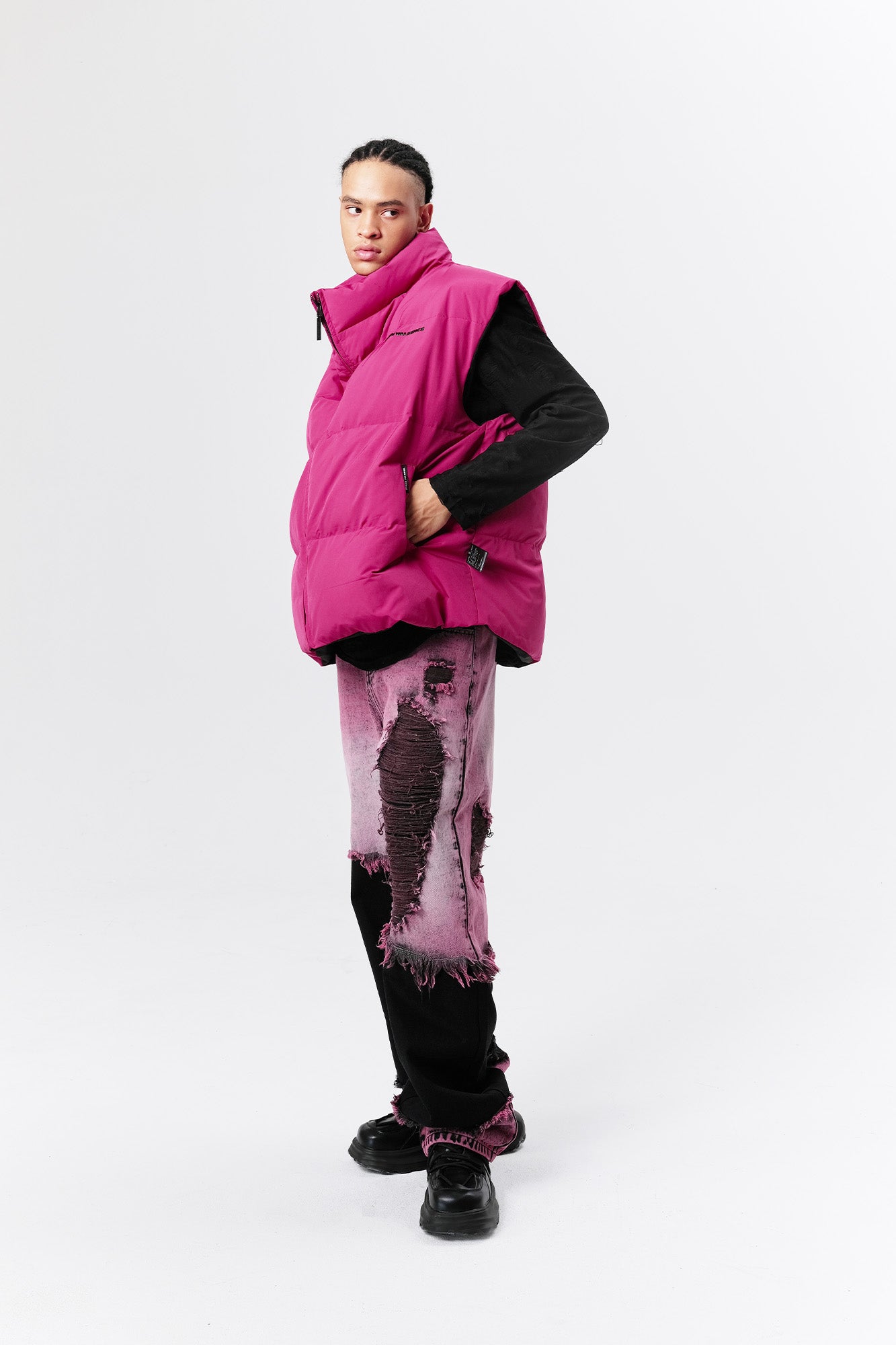 VANN VALRENCE High-Neck Oversized Down Vest Hot Pink