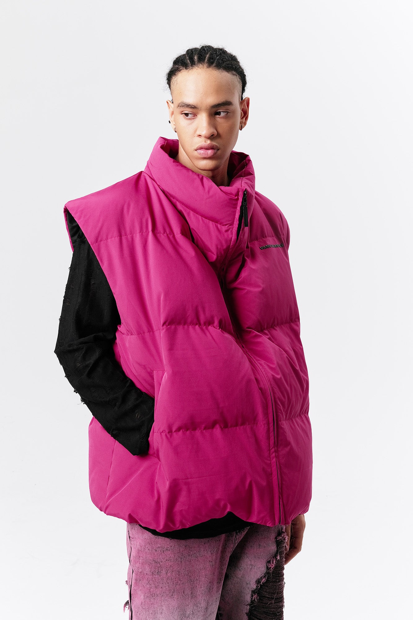 VANN VALRENCE High-Neck Oversized Down Vest Hot Pink