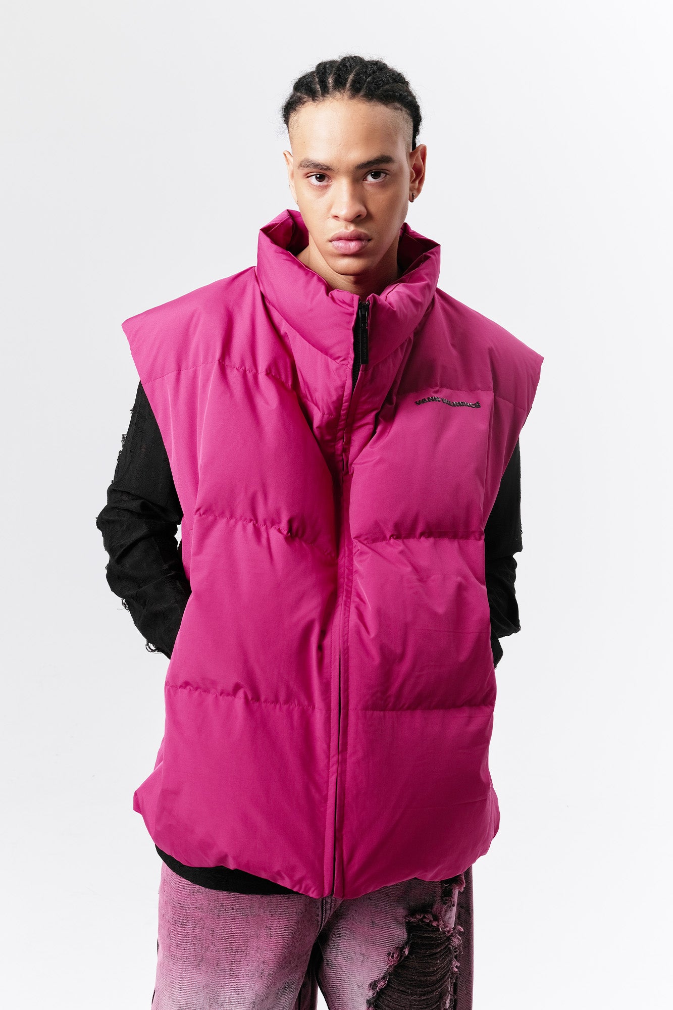 VANN VALRENCE High-Neck Oversized Down Vest Hot Pink