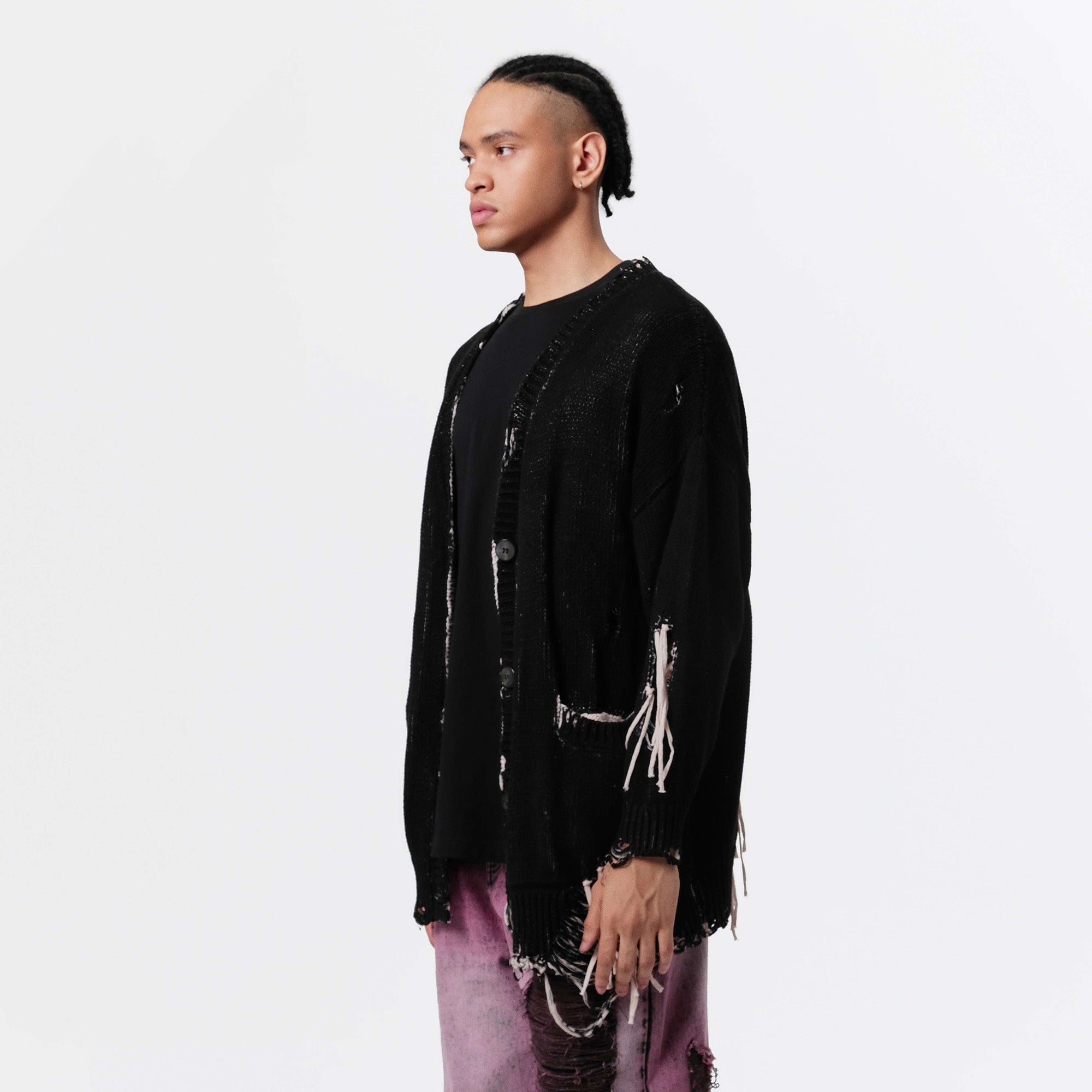 VANN VALRENCE Distressed Frayed Spray V-Neck Cardigan