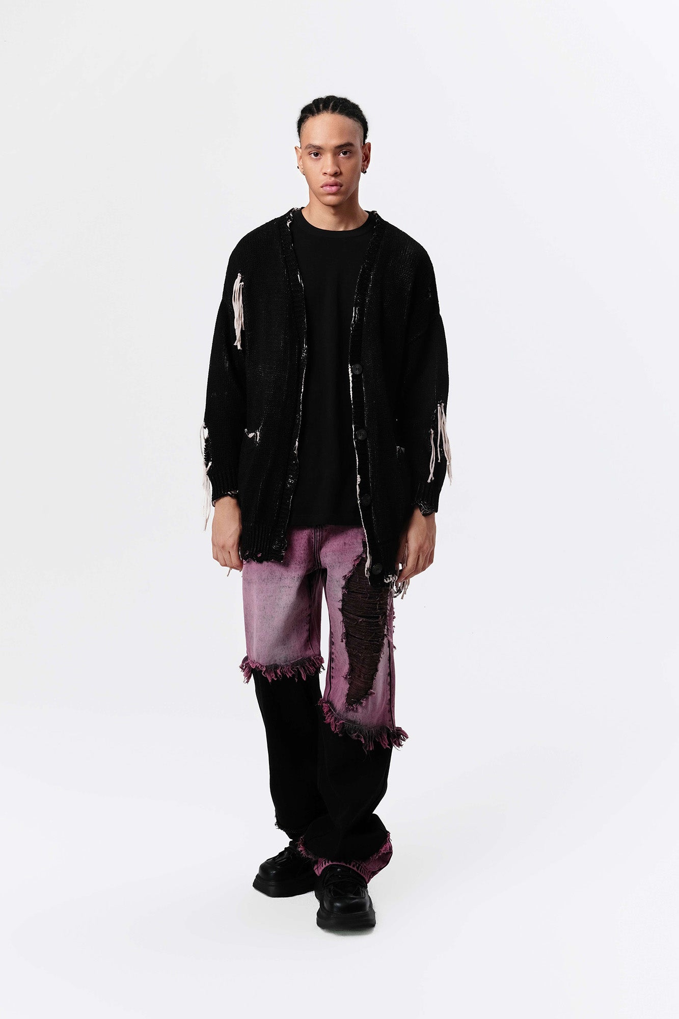 VANN VALRENCE Distressed Frayed Spray V-Neck Cardigan