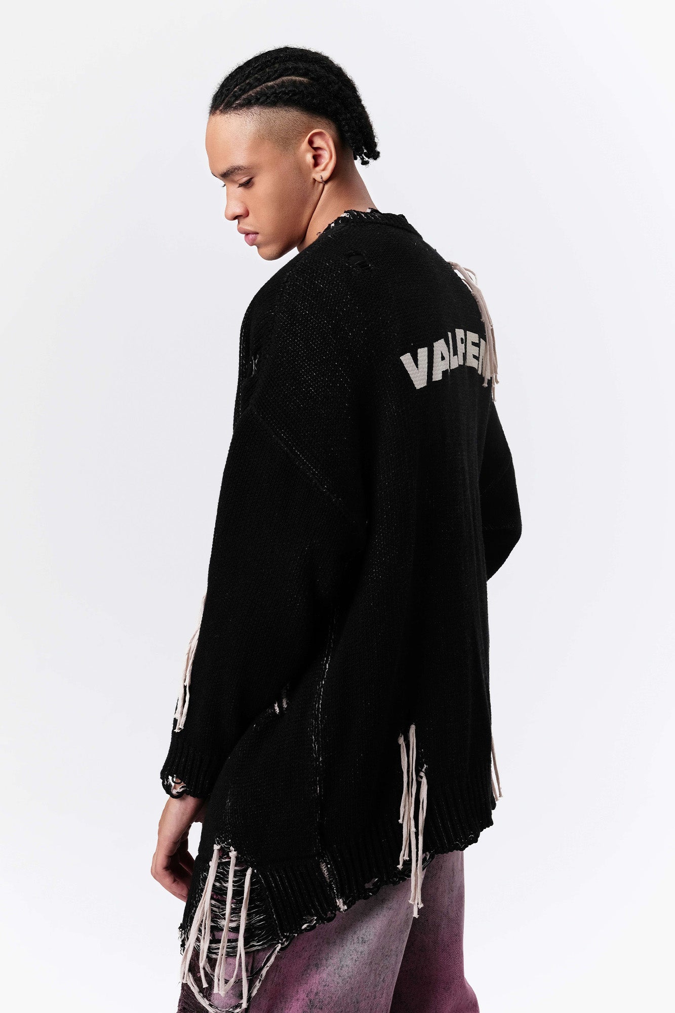 VANN VALRENCE Distressed Frayed Spray V-Neck Cardigan