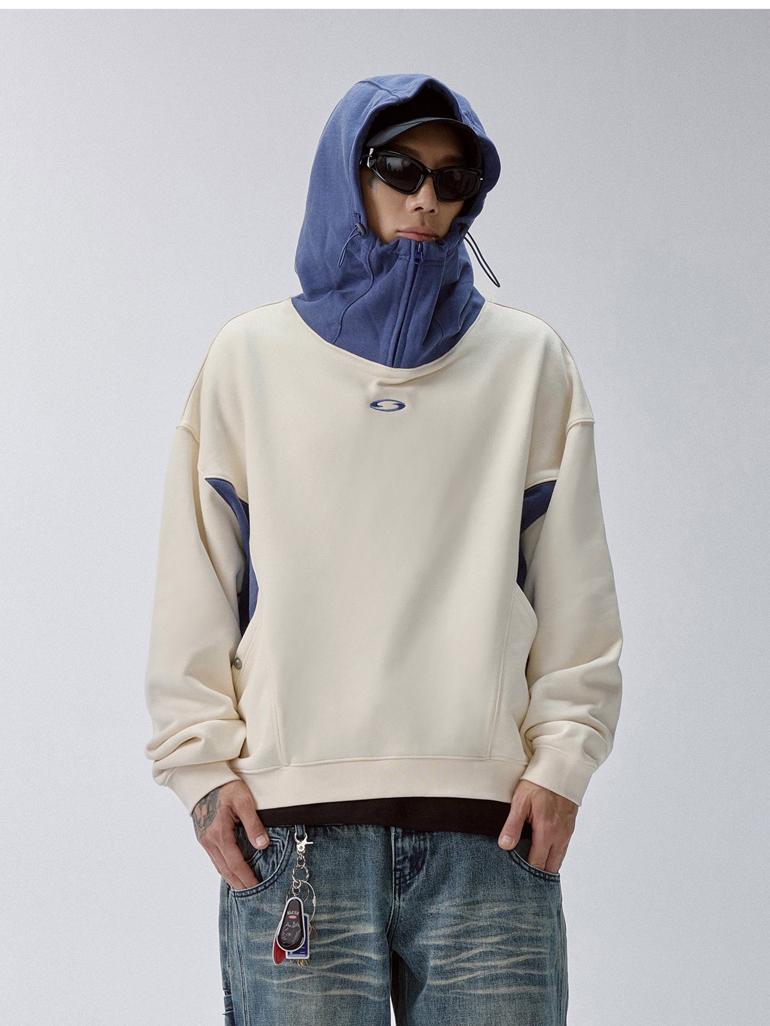 F2CE Contrast Paneled Funnel-Hood Pullover