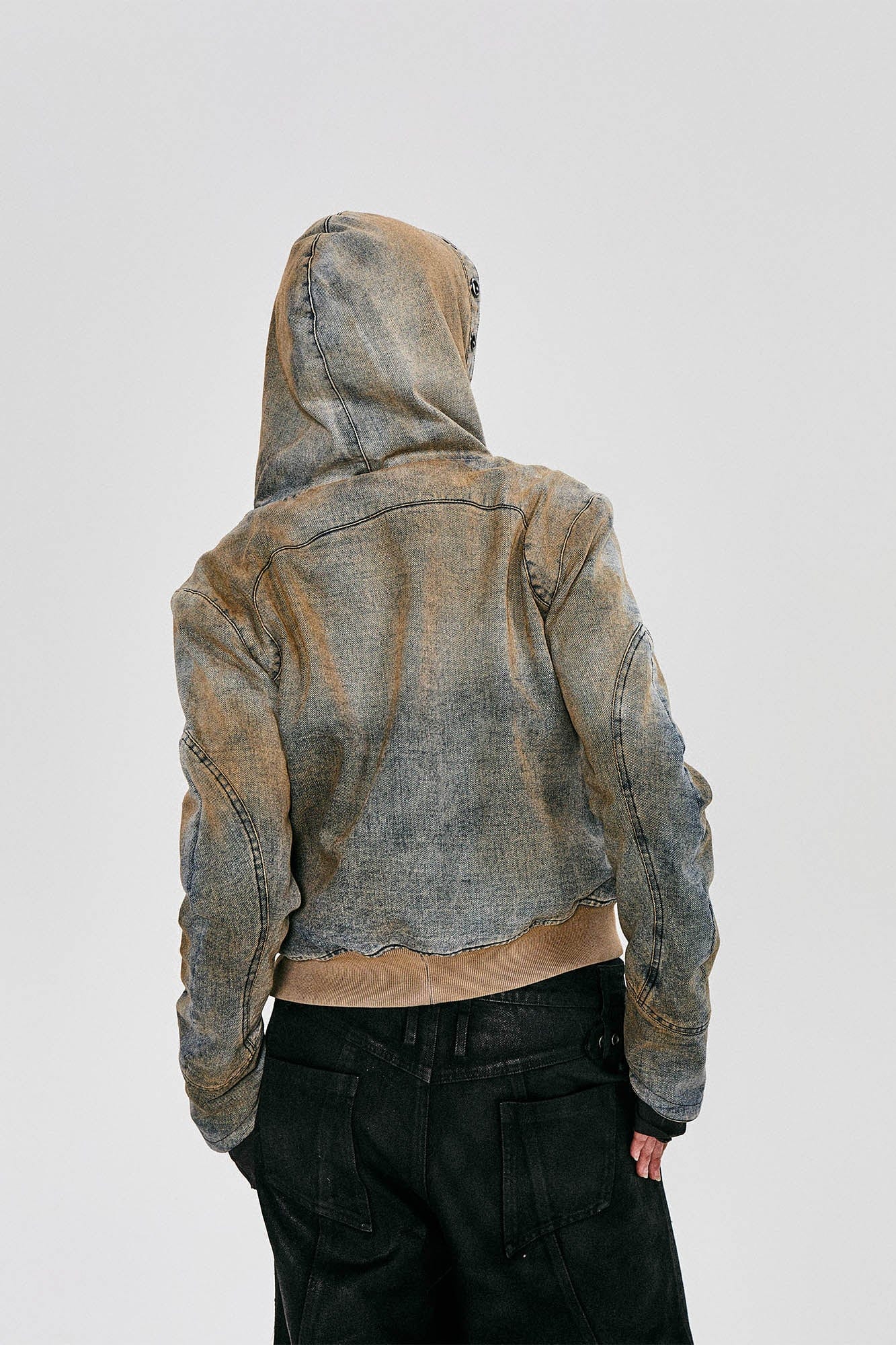 FLYERRER Distressed Spliced Studded Hooded Short Denim Jacket, premium urban and streetwear designers apparel on PROJECTISR.com, FLYERRER