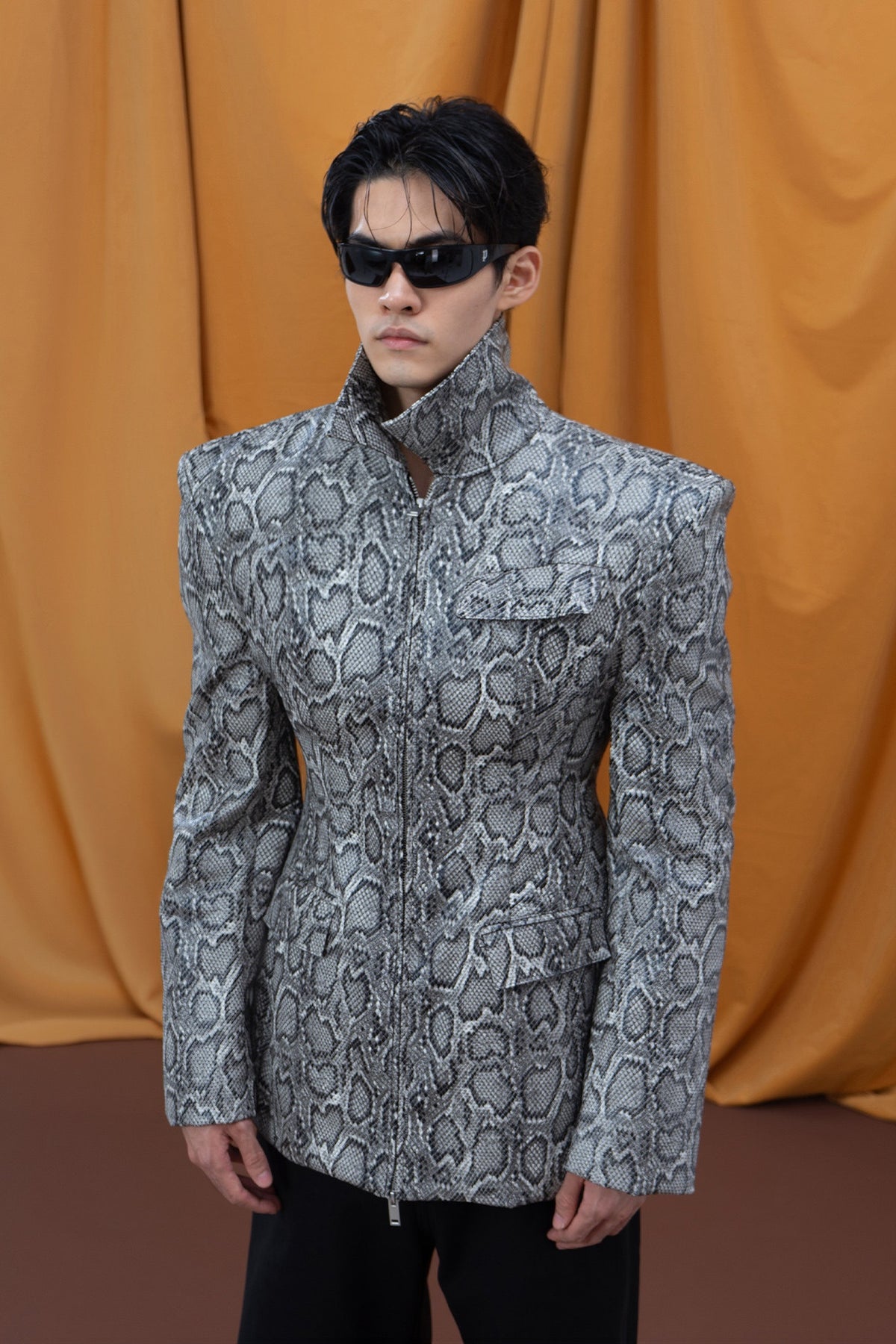 CLP Snake-Print Faux Leather Padded-Shoulder Blazer Jacket — half body