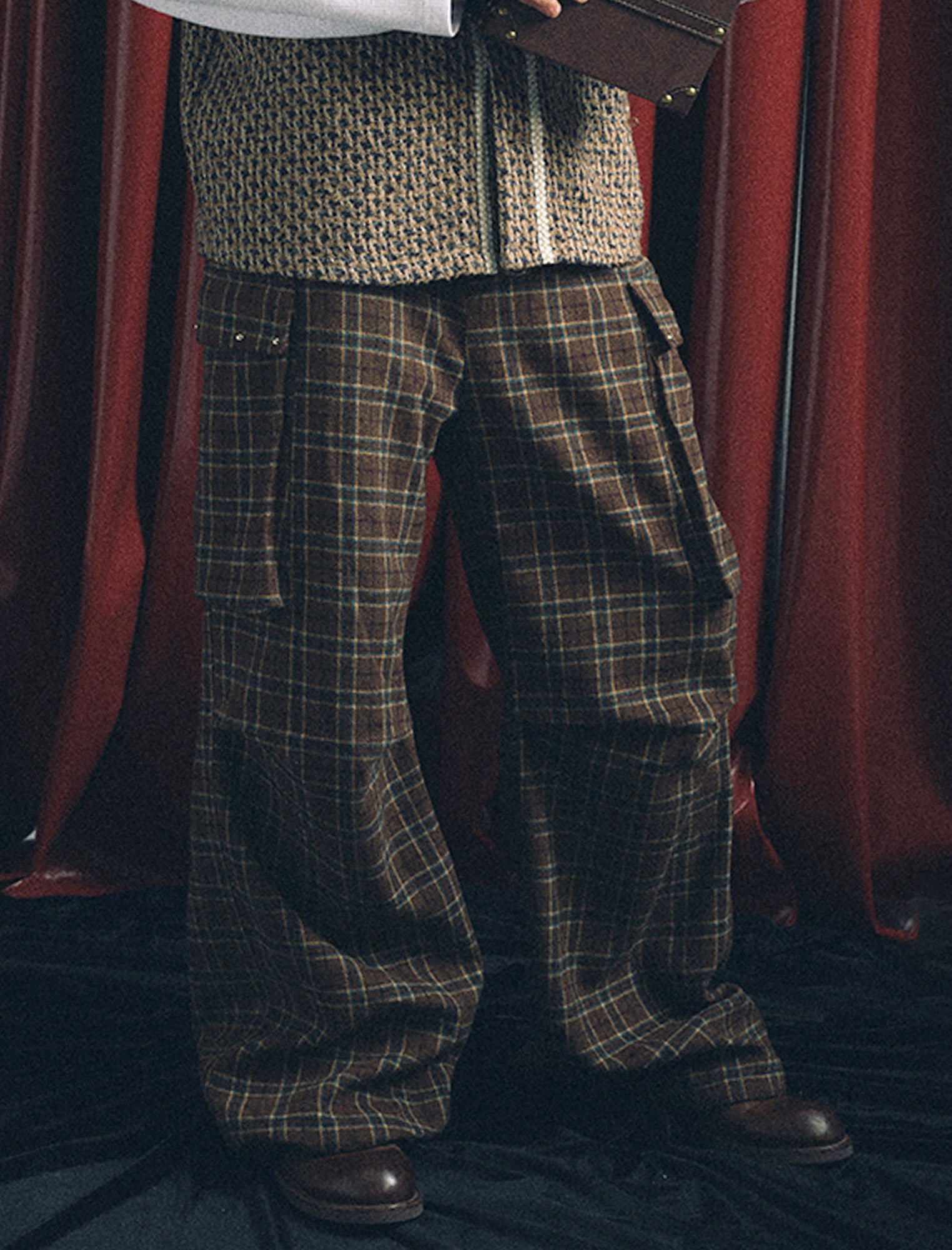 TRECLUB Plaid Pleated-Knee Wide-Leg Cargo Pants, premium urban and streetwear designers apparel on PROJECTISR.com, TRECLUB