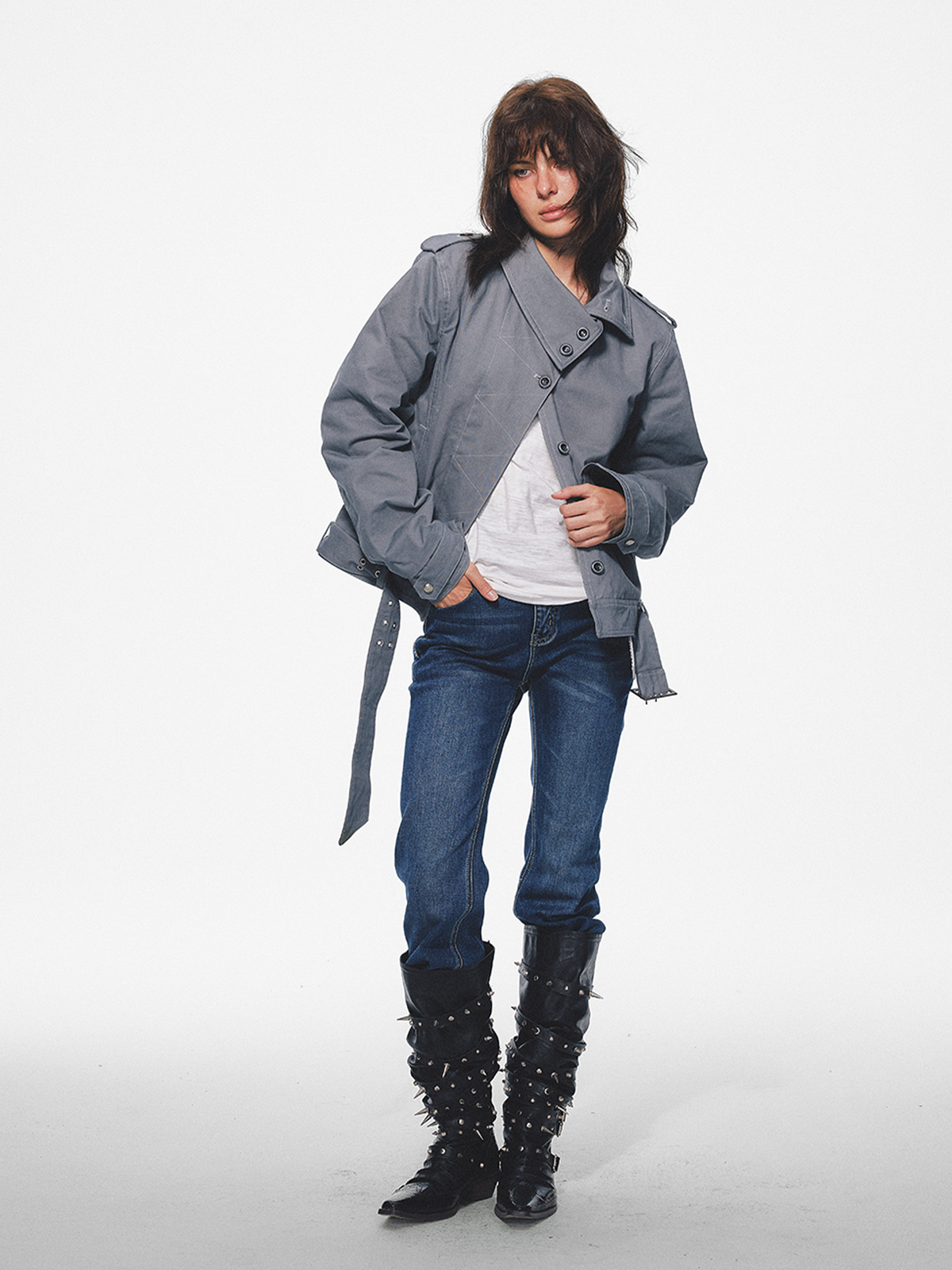 TRECLUB Retro Belted Eyelet Lapel Cotton-Padded Jacket, premium urban and streetwear designers apparel on PROJECTISR.com, TRECLUB