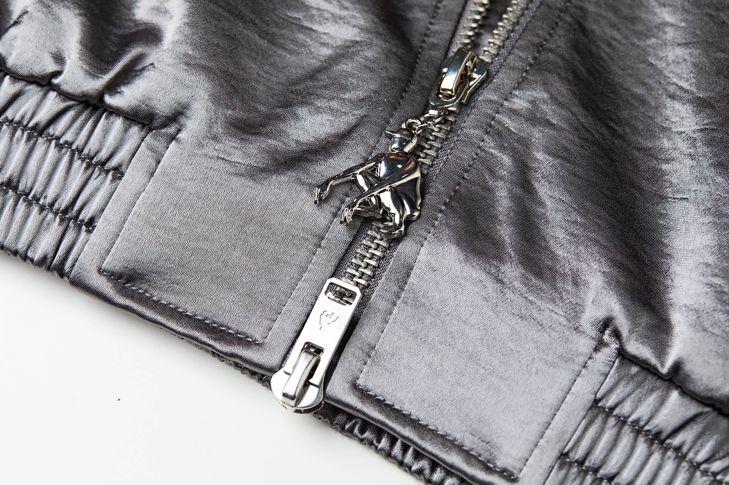 FACEONLAB Rivet Diamond Satin Leopard-Collar Jacket
