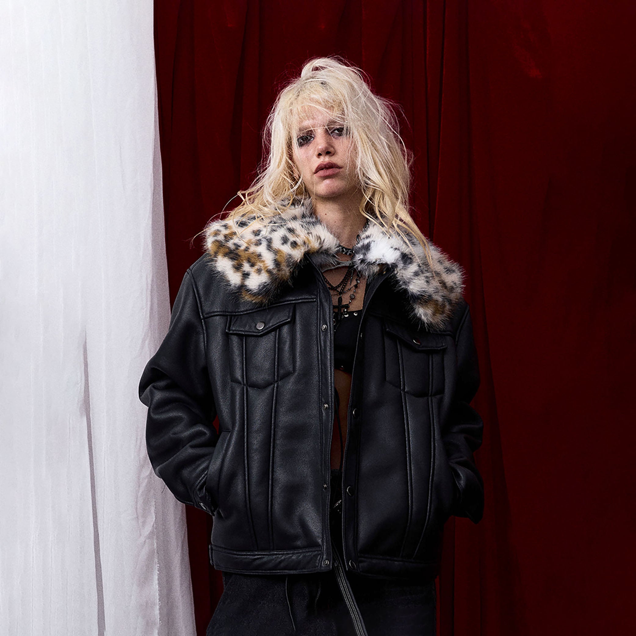DONSMOKE × NANA Detachable Leopard Collar PU Jacket, premium urban and streetwear designers apparel on PROJECTISR.com, DONSMOKE