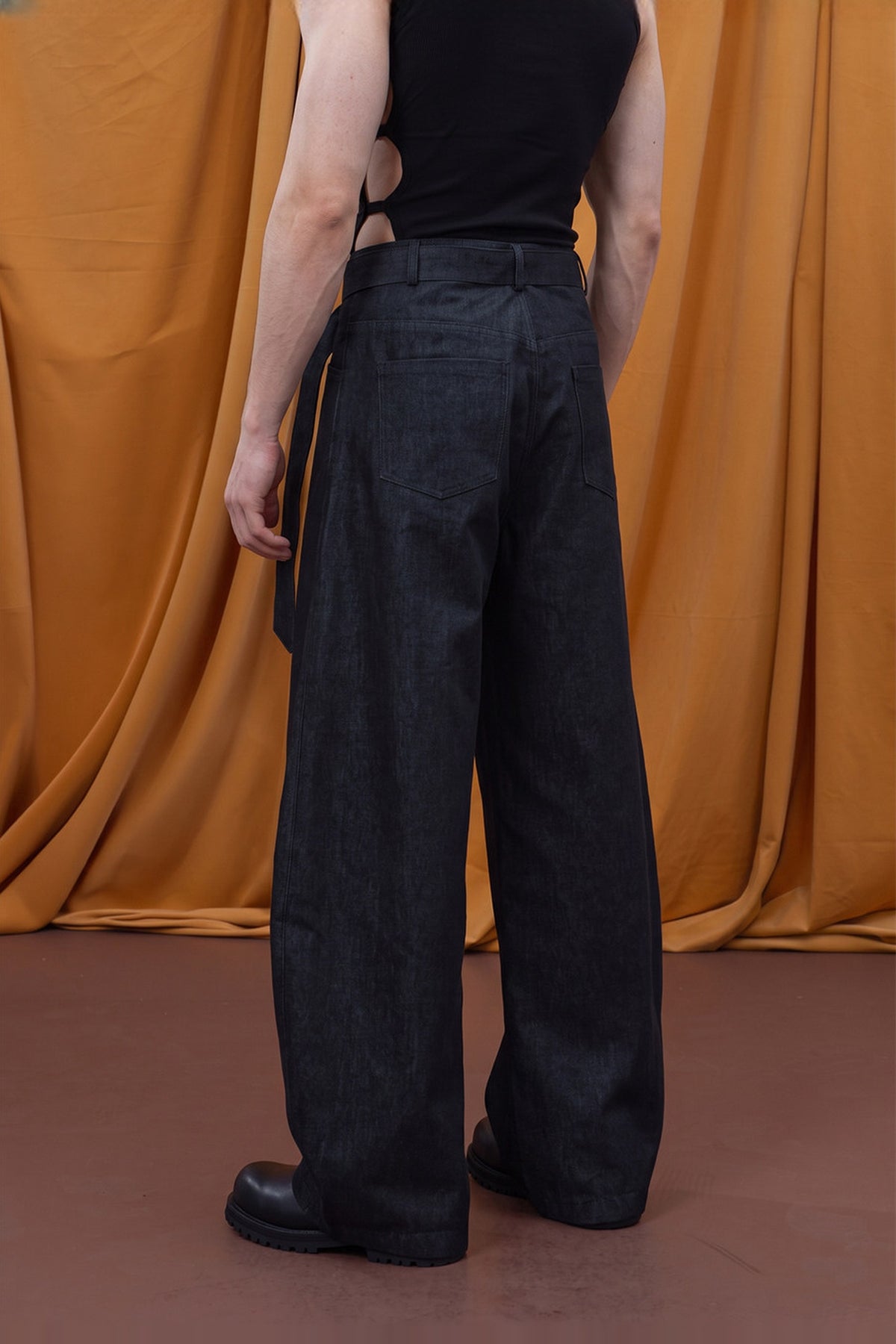 CLP Belted Wide-Leg Draped Trousers — half body