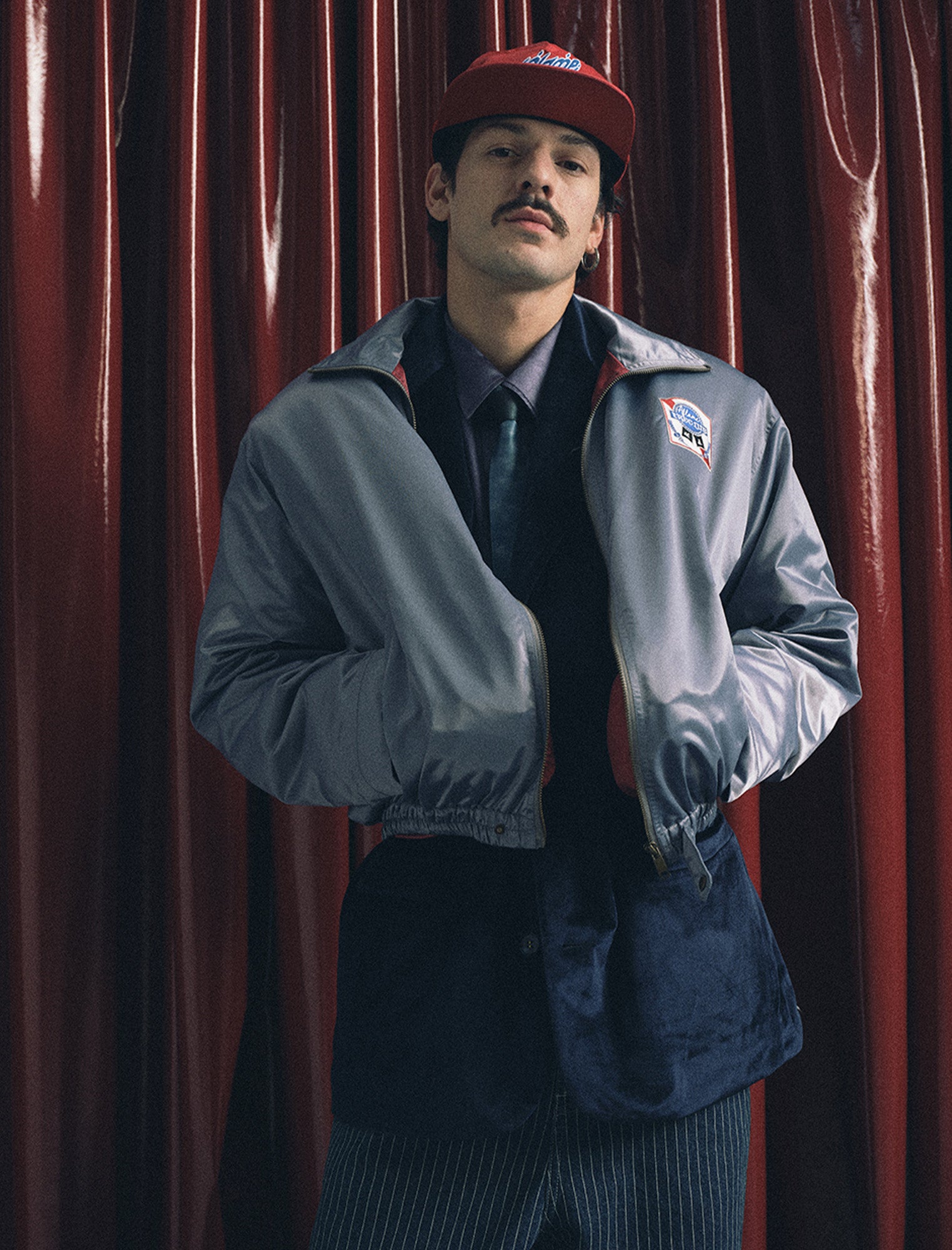 TRECLUB Retro Satin Badge-Patch Blouson, premium urban and streetwear designers apparel on PROJECTISR.com, TRECLUB